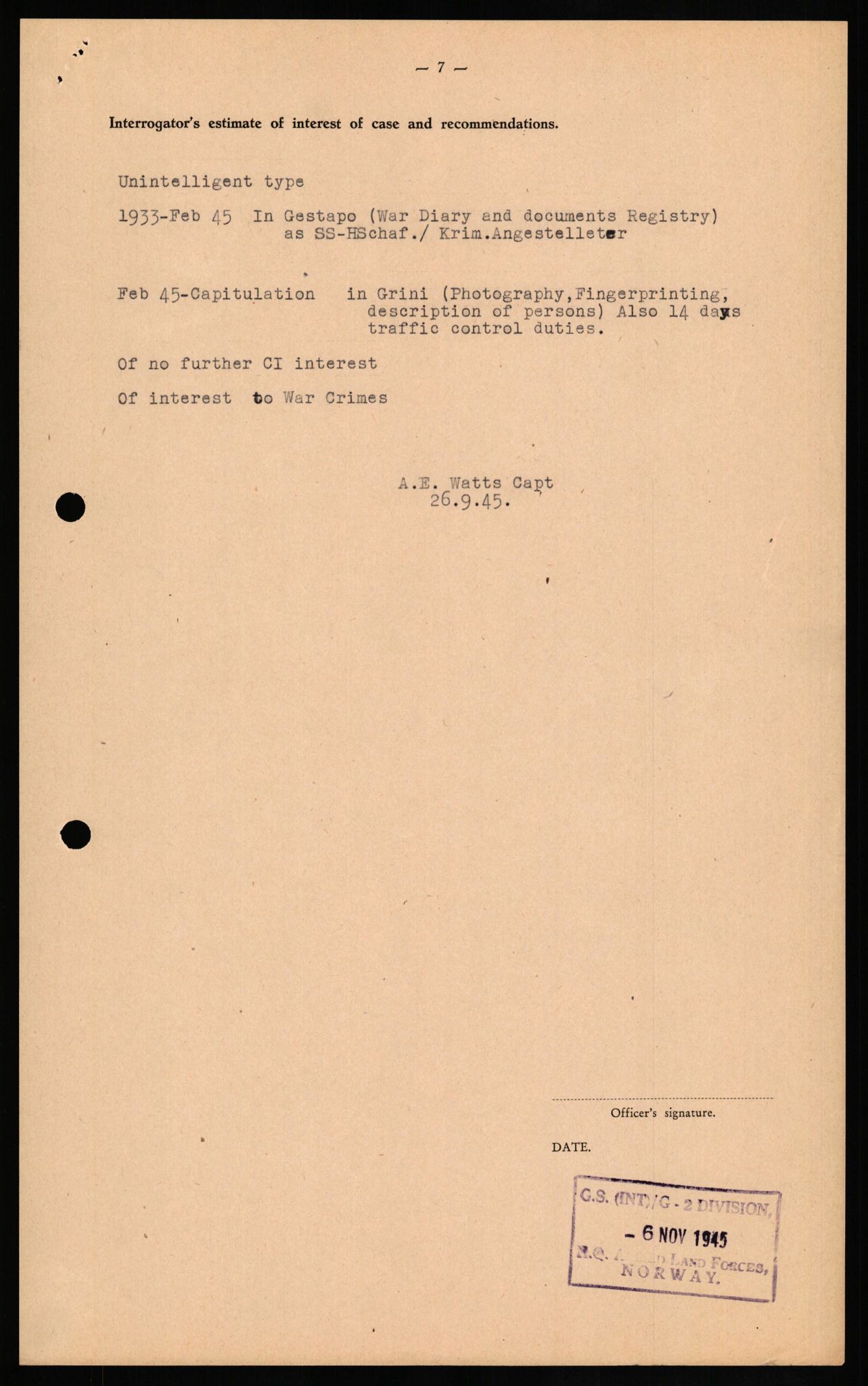 Forsvaret, Forsvarets overkommando II, AV/RA-RAFA-3915/D/Db/L0021: CI Questionaires. Tyske okkupasjonsstyrker i Norge. Tyskere., 1945-1946, s. 77