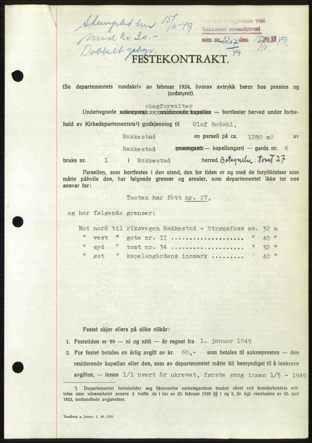 Rakkestad sorenskriveri, SAO/A-10686/G/Gb/Gba/Gbab/L0019: Pantebok nr. A19, 1949-1950, Dagboknr: 2207/1949