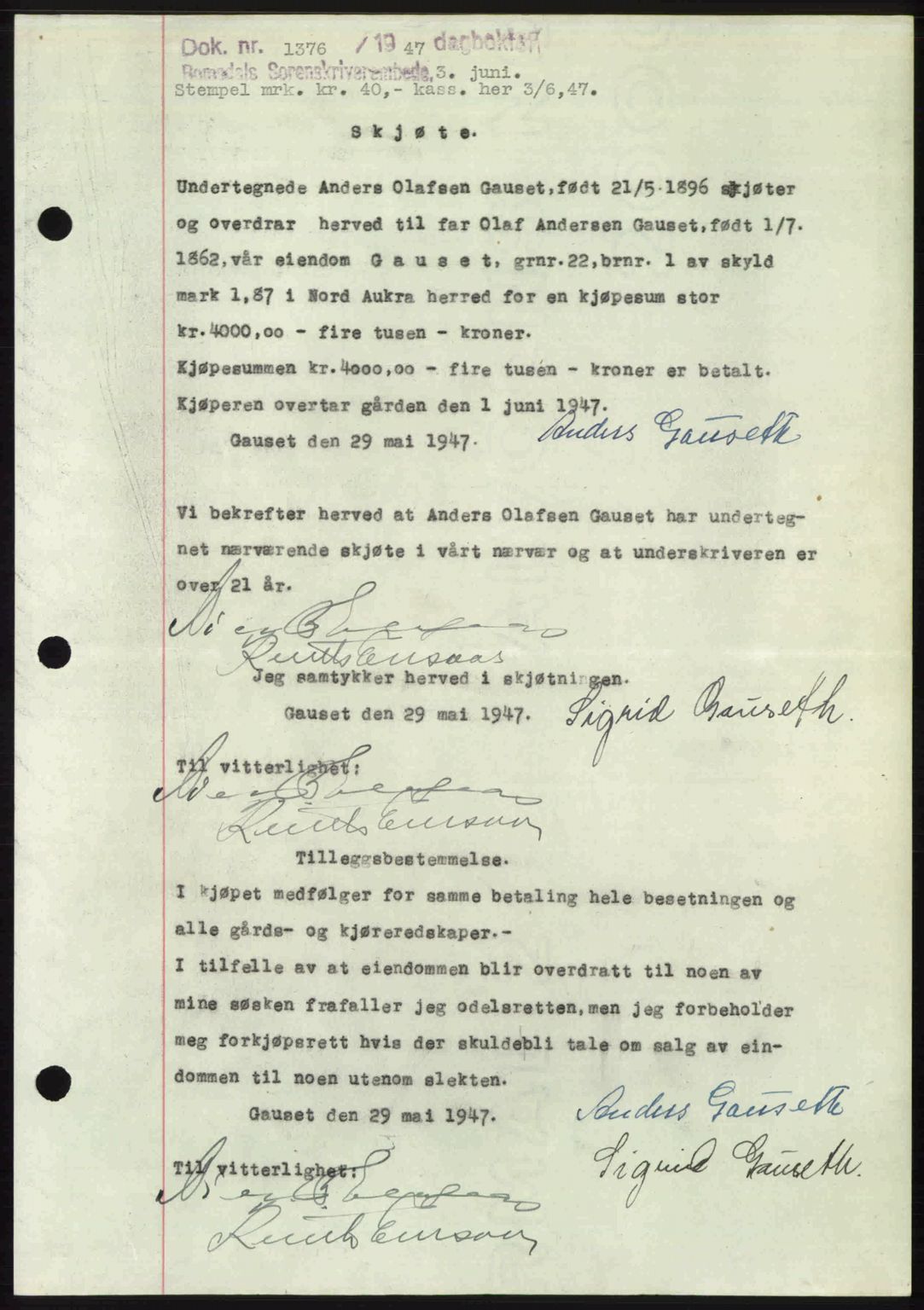 Romsdal sorenskriveri, AV/SAT-A-4149/1/2/2C: Pantebok nr. A23, 1947-1947, Dagboknr: 1376/1947