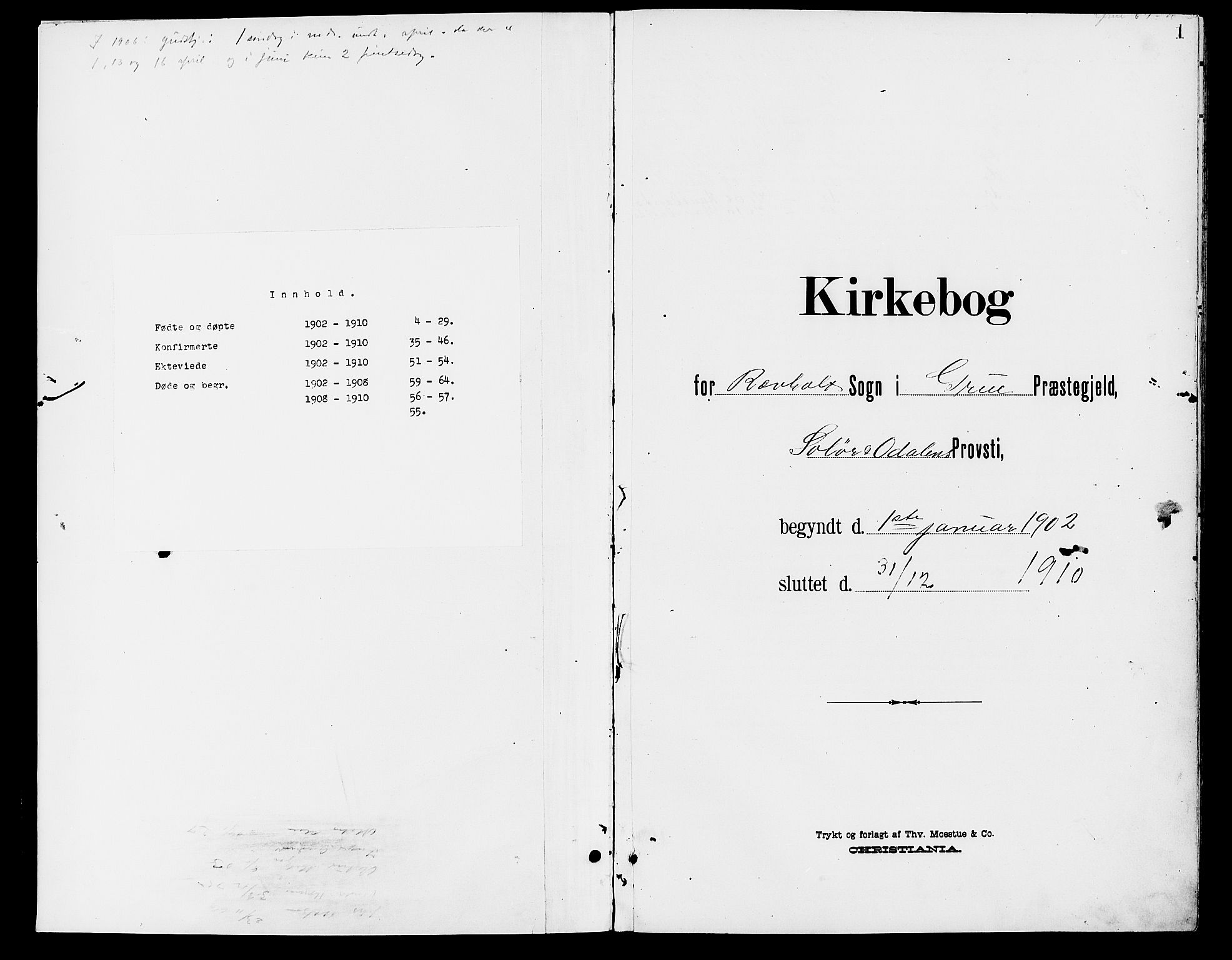 Grue prestekontor, SAH/PREST-036/H/Ha/Hab/L0006: Klokkerbok nr. 6, 1902-1910, s. 1