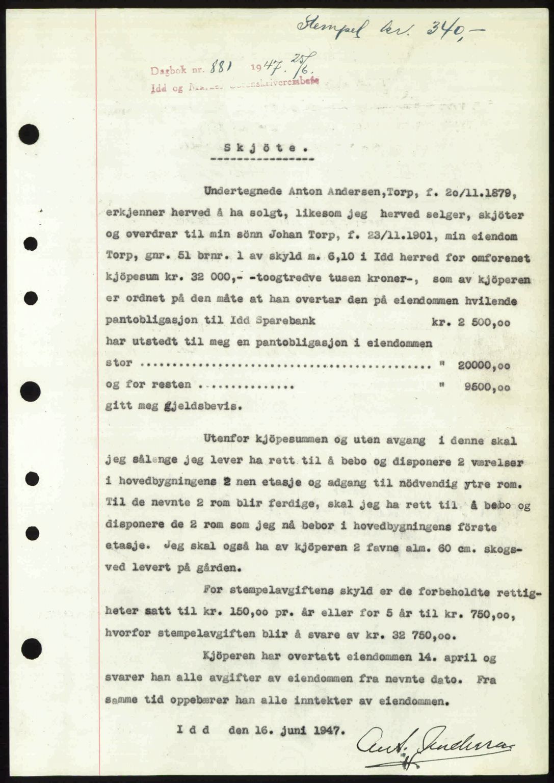 Idd og Marker sorenskriveri, SAO/A-10283/G/Gb/Gbb/L0009: Pantebok nr. A9, 1946-1947, Dagboknr: 881/1947