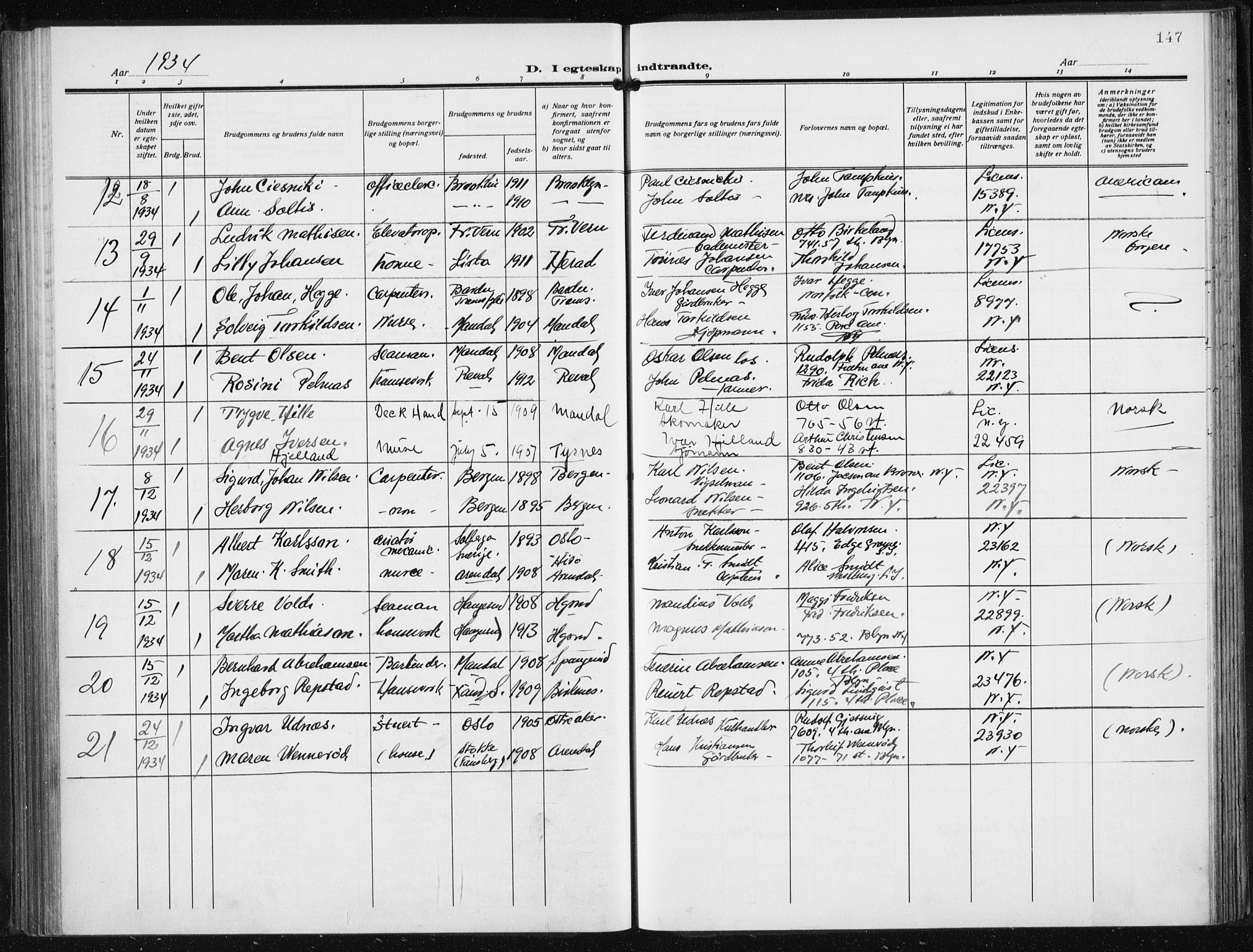 Den norske sjømannsmisjon i utlandet/New York, AV/SAB-SAB/PA-0110/H/Ha/L0008: Ministerialbok nr. A 8, 1923-1935, s. 147