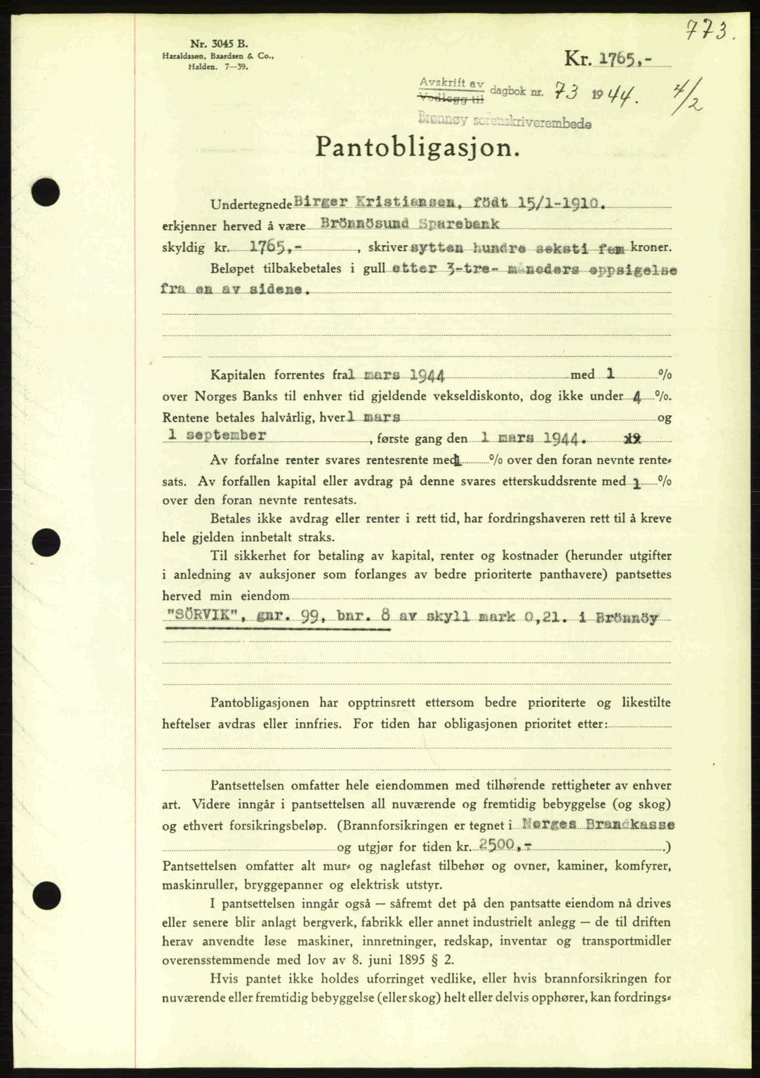 Brønnøy sorenskriveri, SAT/A-4170/1/2/2C: Pantebok nr. 23, 1943-1944, Dagboknr: 73/1944