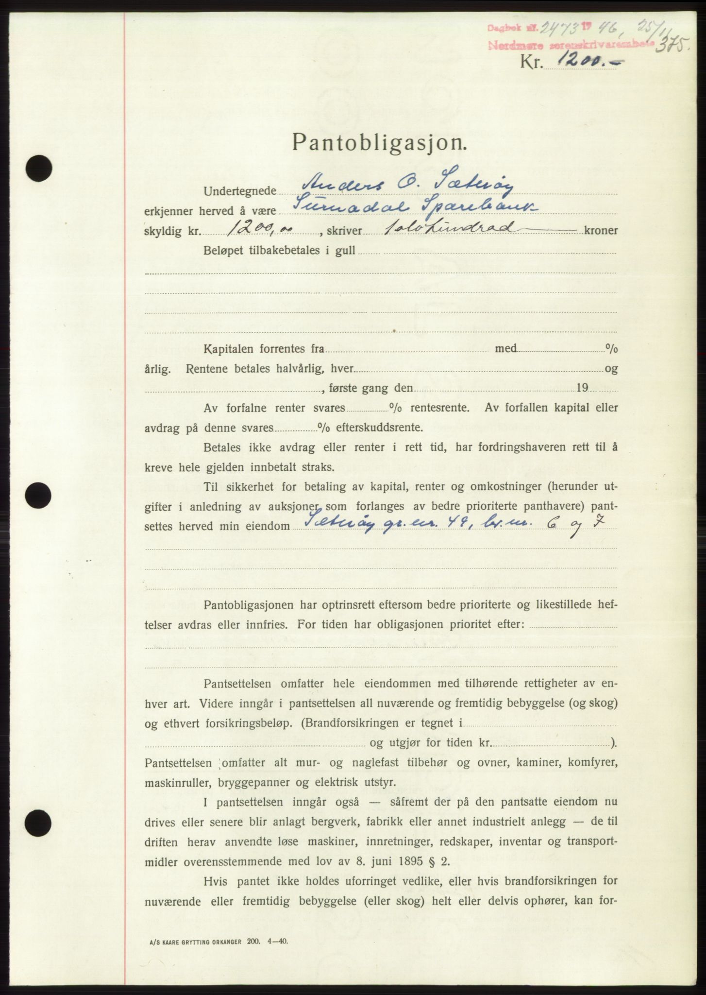 Nordmøre sorenskriveri, SAT/A-4132/1/2/2Ca: Pantebok nr. B95, 1946-1947, Dagboknr: 2473/1946