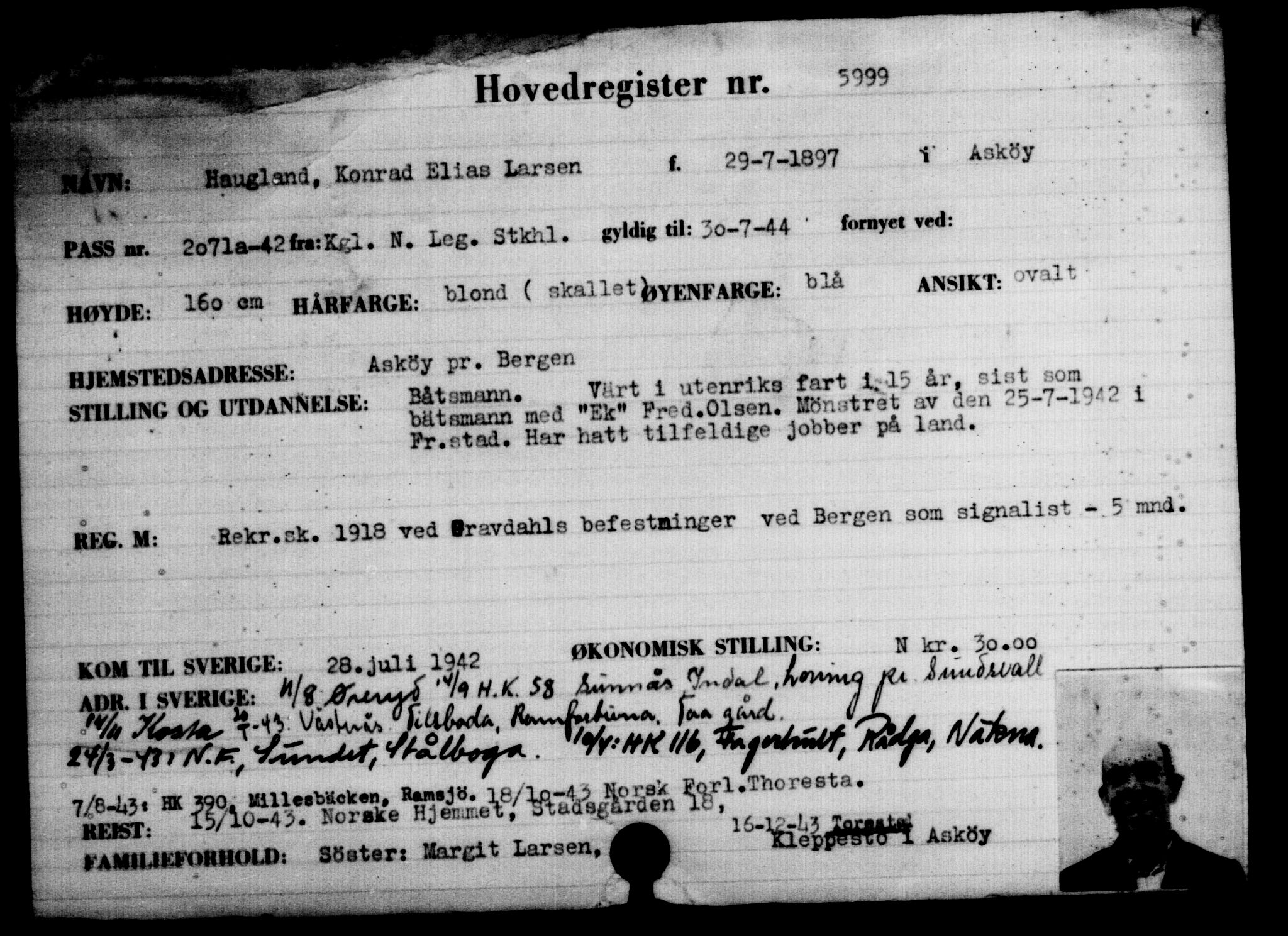 Utenriksstasjonene, Legasjonen i Stockholm, Flyktningkontoret, AV/RA-S-6753/V/Va/L0004: Kjesäterkartoteket, flyktninger med registreringsnr. 3496-6610, 1940-1945, s. 2925