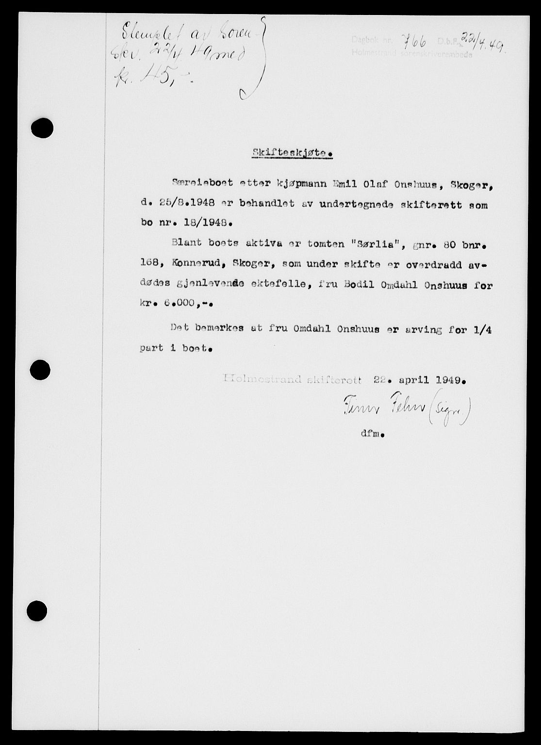 Holmestrand sorenskriveri, SAKO/A-67/G/Ga/Gaa/L0066: Pantebok nr. A-66, 1949-1949, Dagboknr: 766/1949