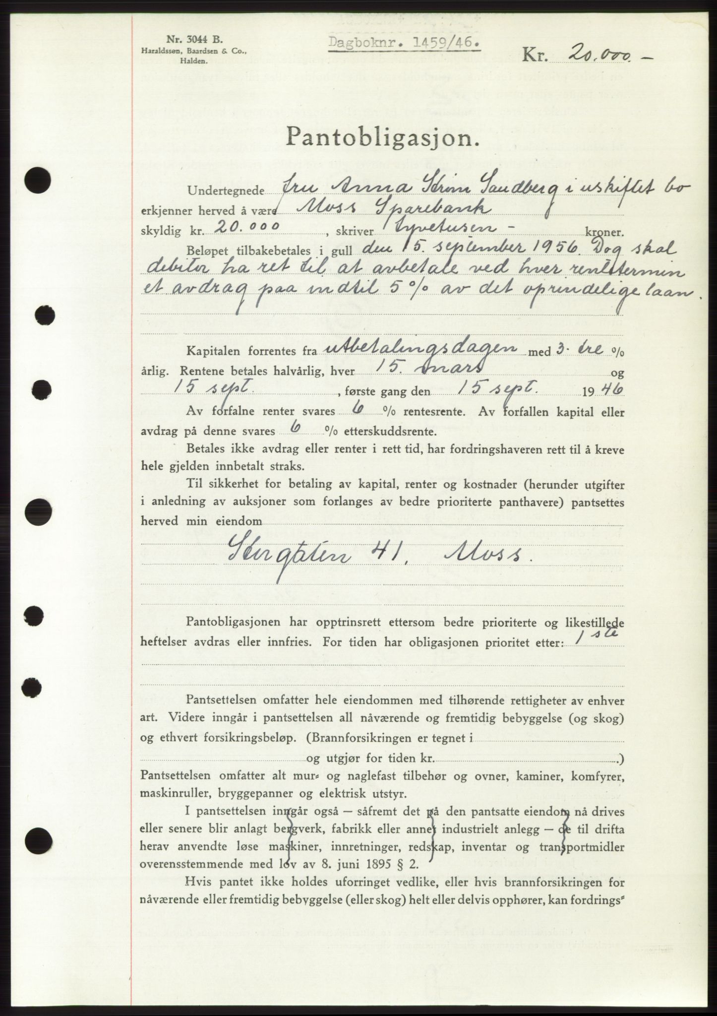 Moss sorenskriveri, SAO/A-10168: Pantebok nr. B15, 1946-1946, Dagboknr: 1459/1946