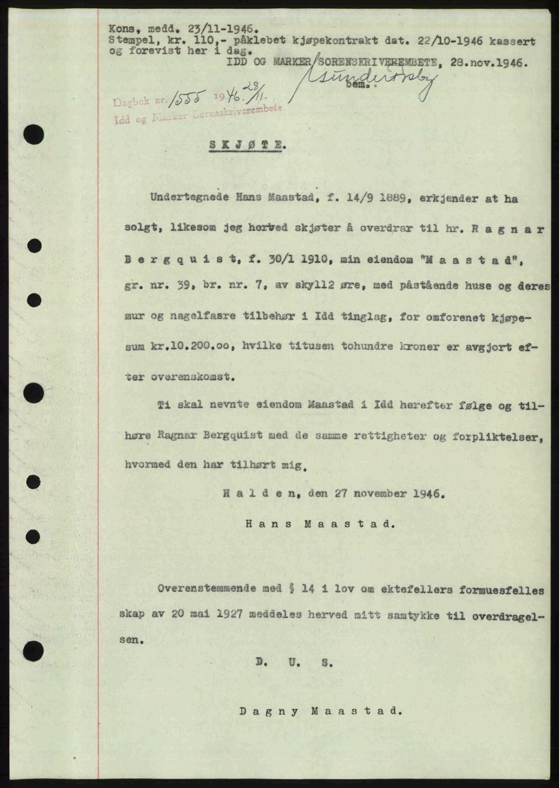 Idd og Marker sorenskriveri, SAO/A-10283/G/Gb/Gbb/L0009: Pantebok nr. A9, 1946-1947, Dagboknr: 1555/1946