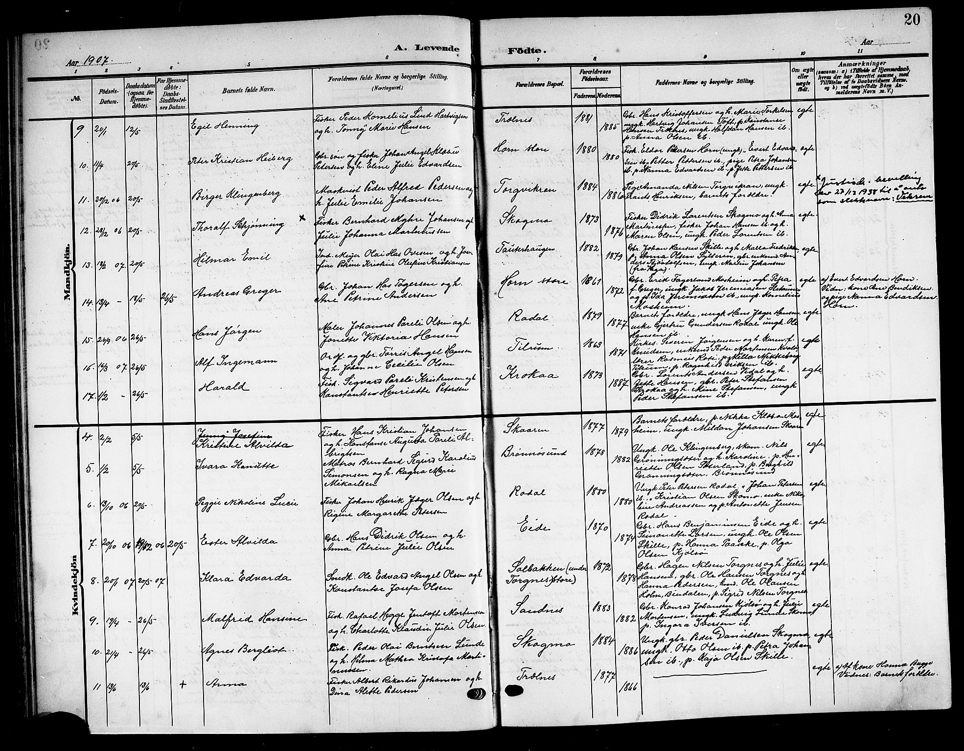 Ministerialprotokoller, klokkerbøker og fødselsregistre - Nordland, AV/SAT-A-1459/813/L0214: Klokkerbok nr. 813C06, 1904-1917, s. 20