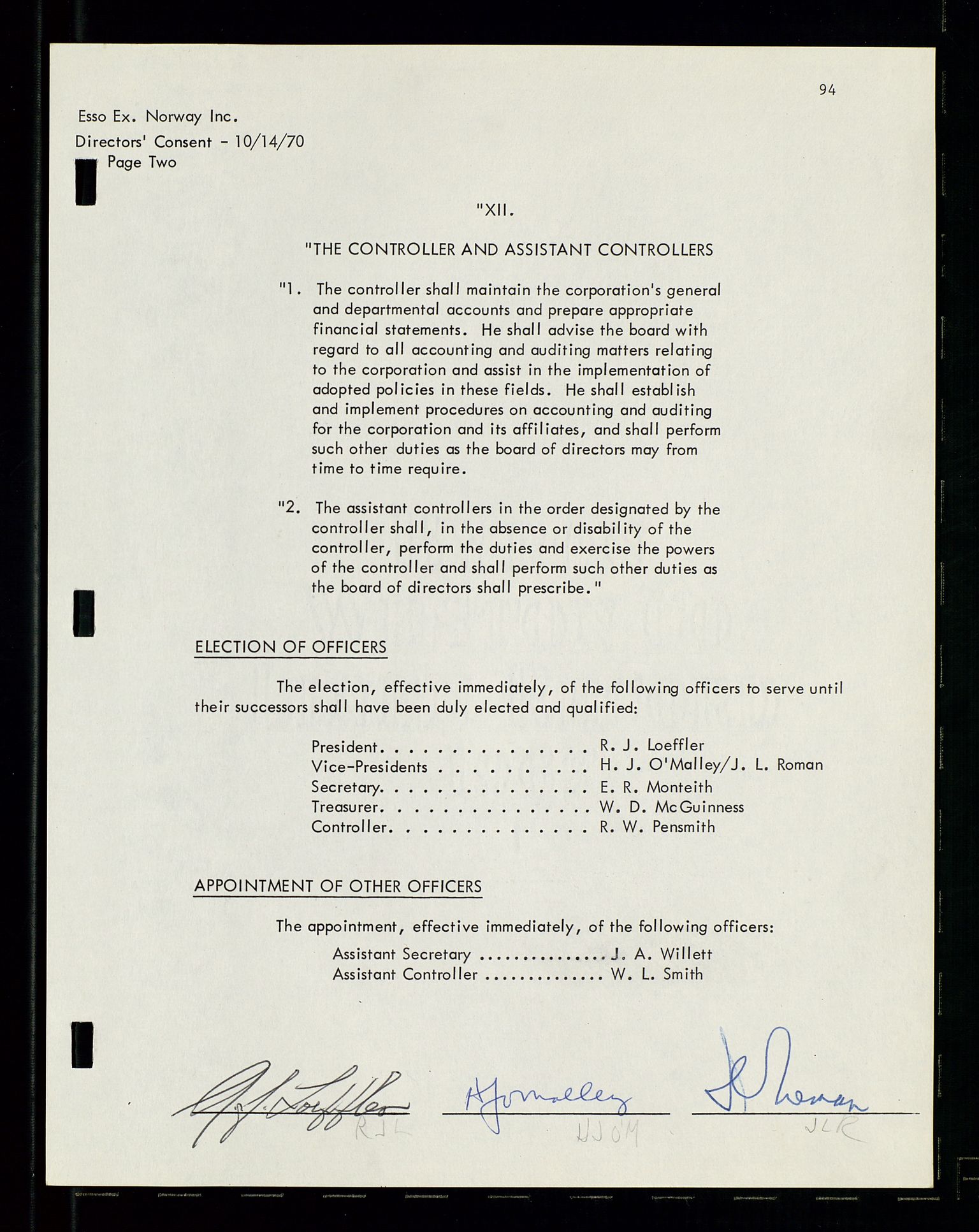 Pa 1512 - Esso Exploration and Production Norway Inc., SAST/A-101917/A/Aa/L0001/0001: Styredokumenter / Corporate records, By-Laws, Board meeting minutes, Incorporations, 1965-1975, s. 94