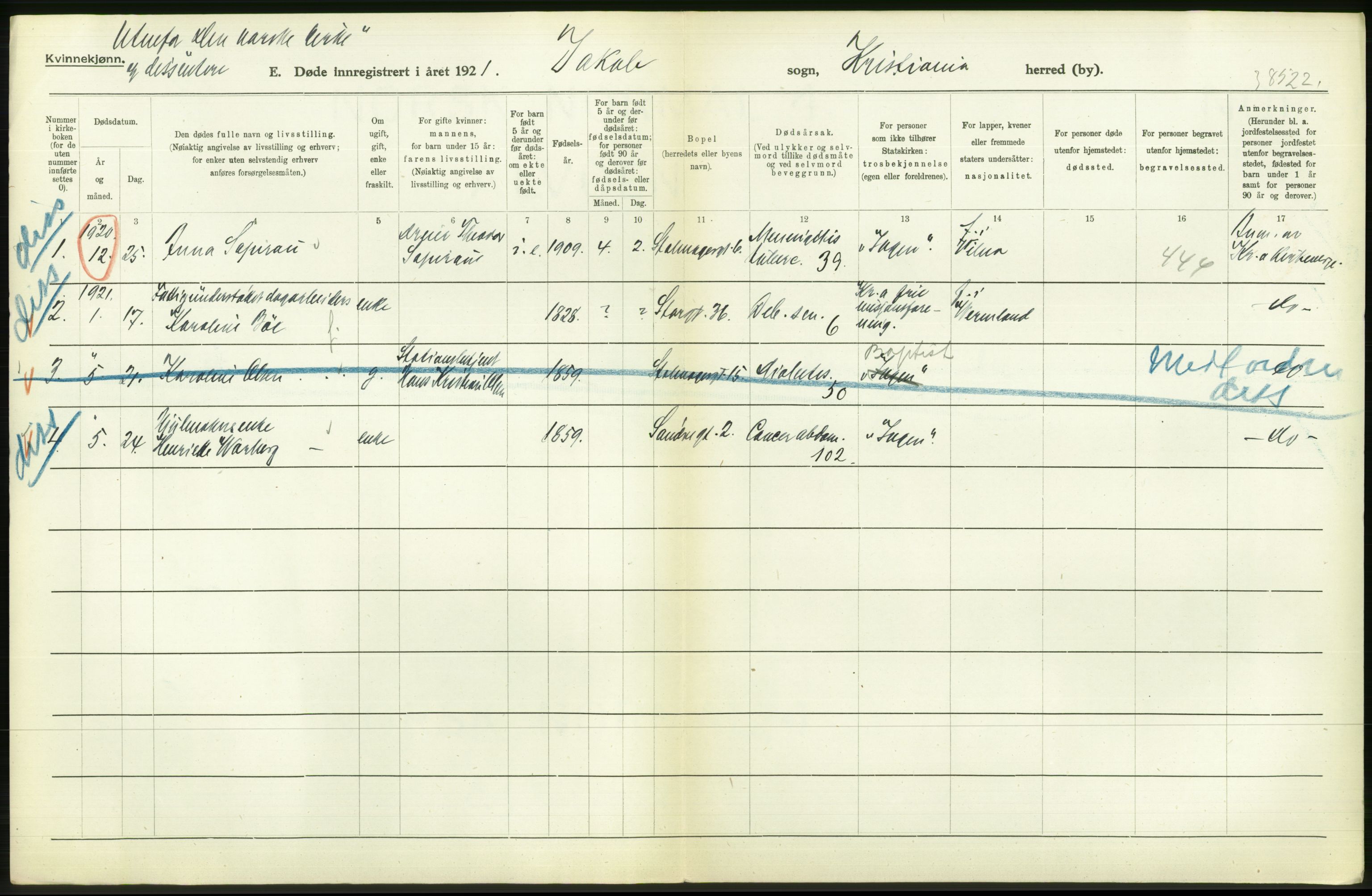 Statistisk sentralbyrå, Sosiodemografiske emner, Befolkning, AV/RA-S-2228/D/Df/Dfc/Dfca/L0012: Kristiania: Døde, 1921, s. 468