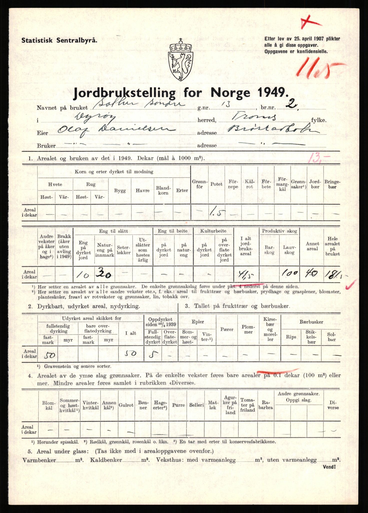 Statistisk sentralbyrå, Næringsøkonomiske emner, Jordbruk, skogbruk, jakt, fiske og fangst, AV/RA-S-2234/G/Gc/L0440: Troms: Sørreisa og Dyrøy, 1949, s. 1519