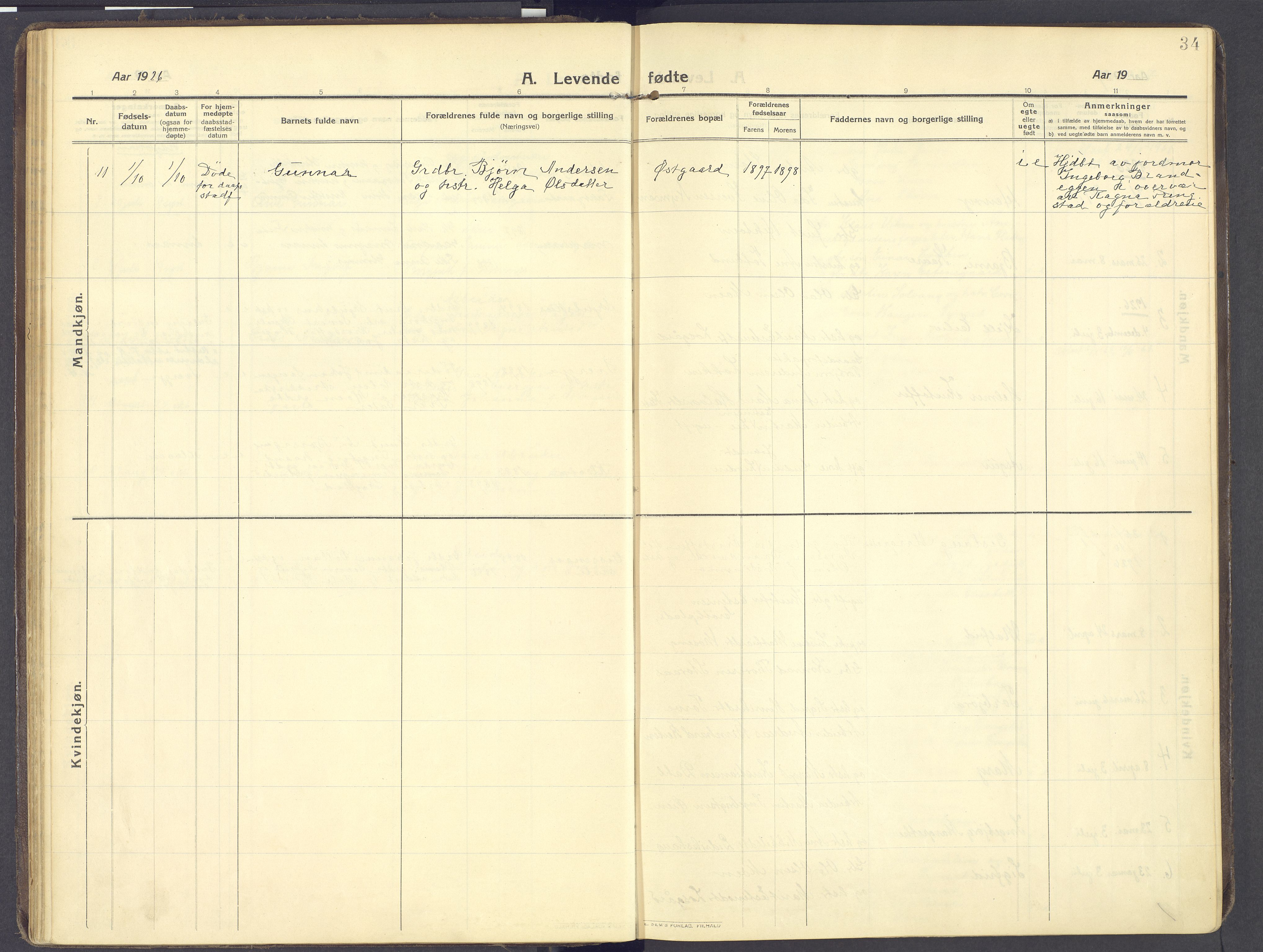 Kvikne prestekontor, SAH/PREST-064/H/Ha/Haa/L0009: Ministerialbok nr. 9, 1911-1942, s. 34