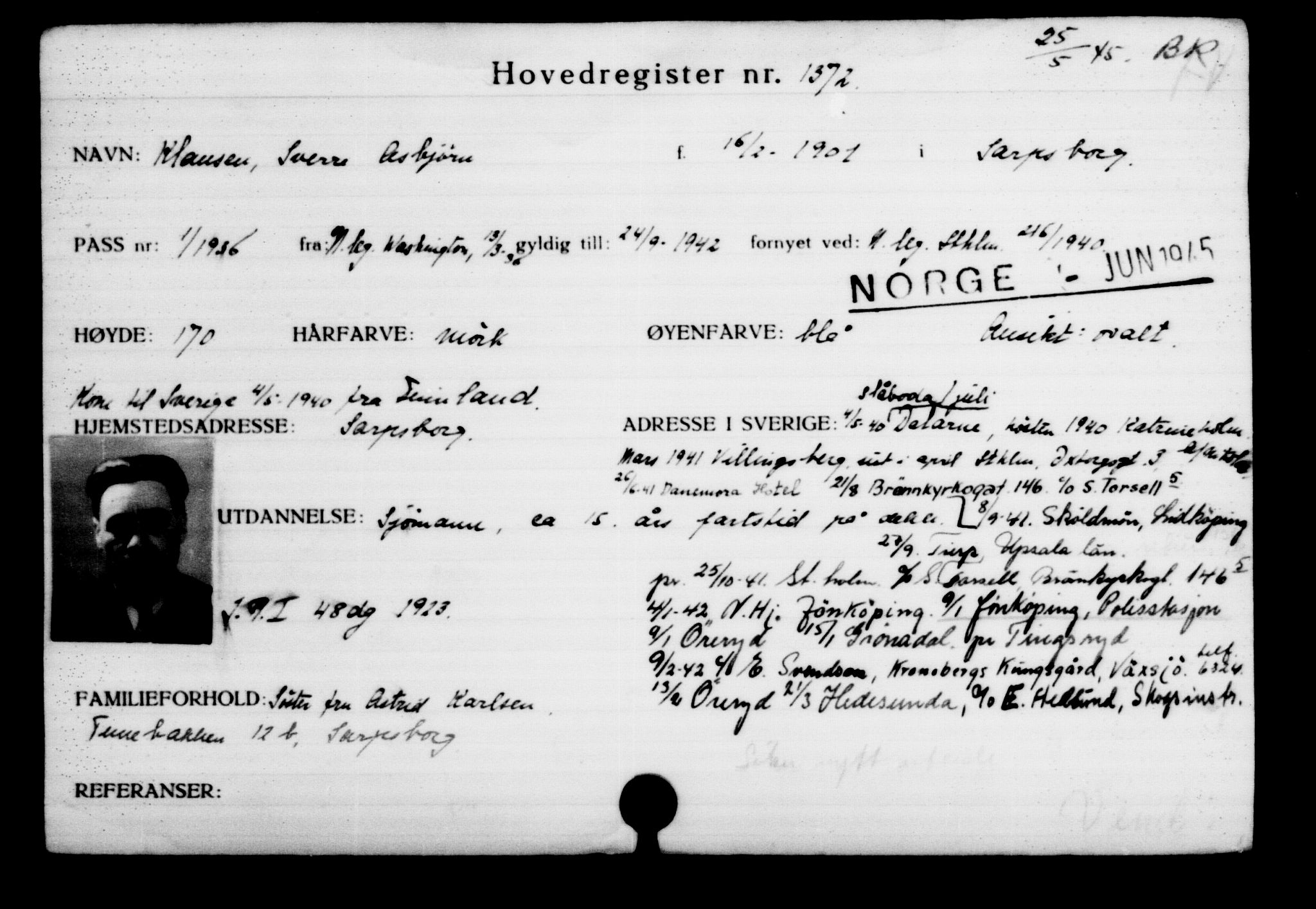 Utenriksstasjonene, Legasjonen i Stockholm, Flyktningkontoret, AV/RA-S-6753/V/Va/L0002: Kjesäterkartoteket, flyktninger med registreringsnr. 1001-2000, 1940-1945, s. 535