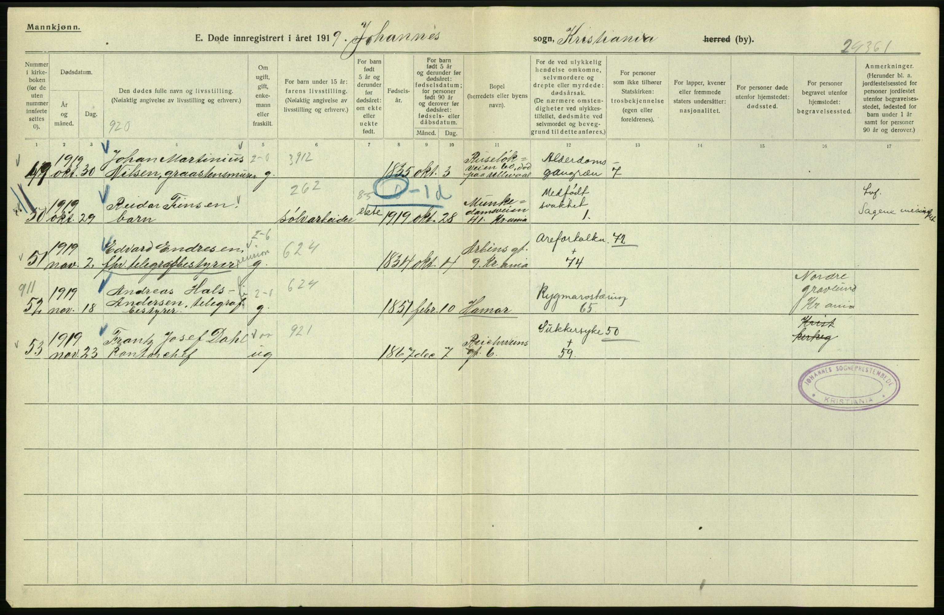 Statistisk sentralbyrå, Sosiodemografiske emner, Befolkning, AV/RA-S-2228/D/Df/Dfb/Dfbi/L0011: Kristiania: Døde, dødfødte, 1919