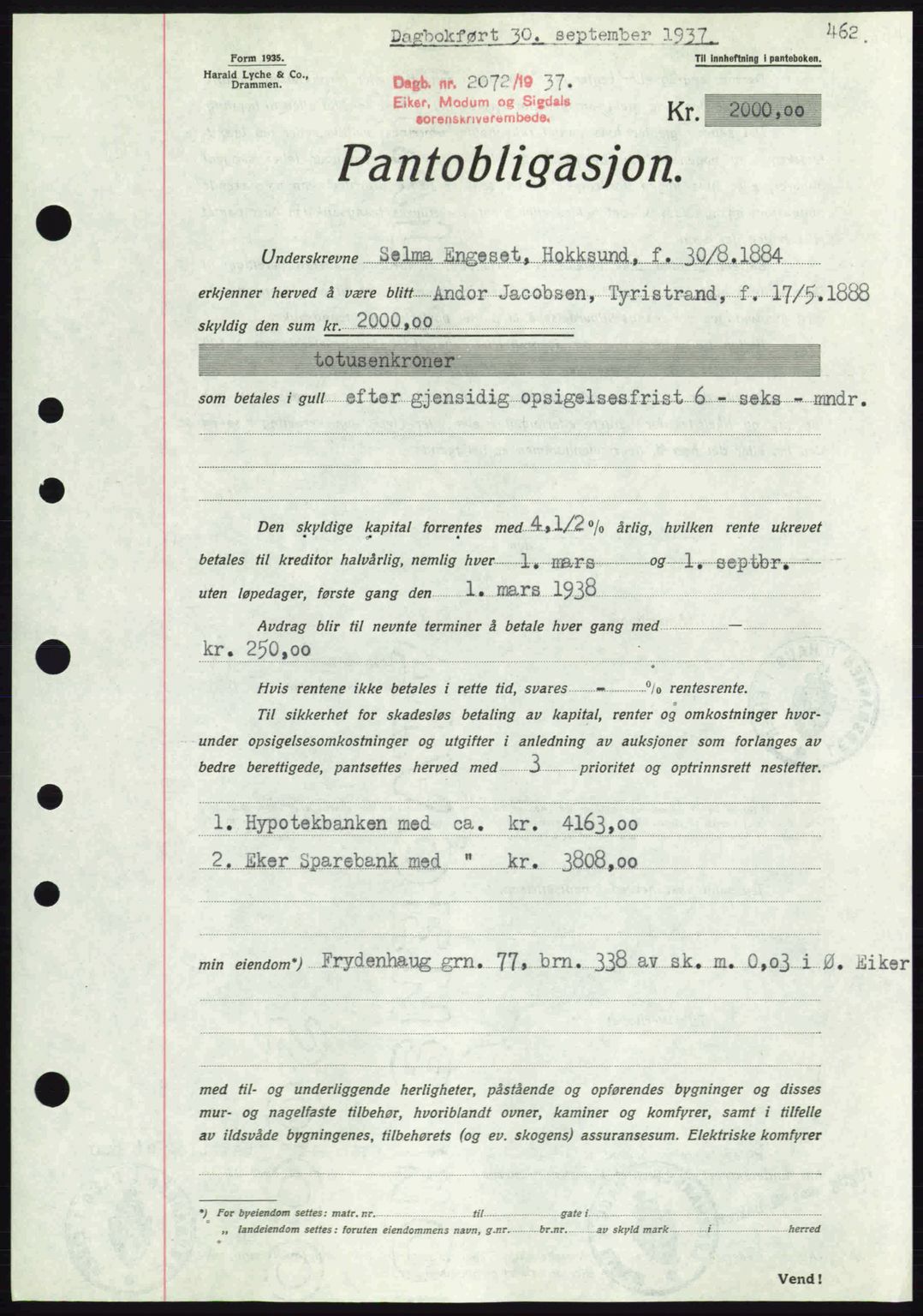 Eiker, Modum og Sigdal sorenskriveri, SAKO/A-123/G/Ga/Gab/L0036: Pantebok nr. A6, 1937-1937, Dagboknr: 2072/1937