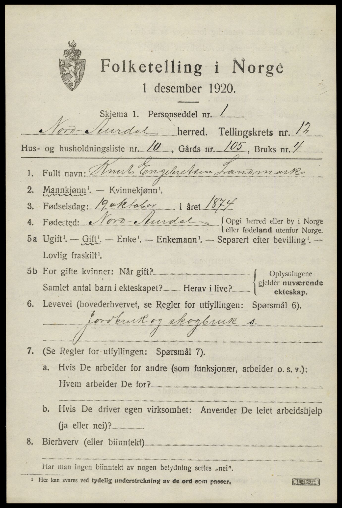 SAH, Folketelling 1920 for 0542 Nord-Aurdal herred, 1920, s. 9964