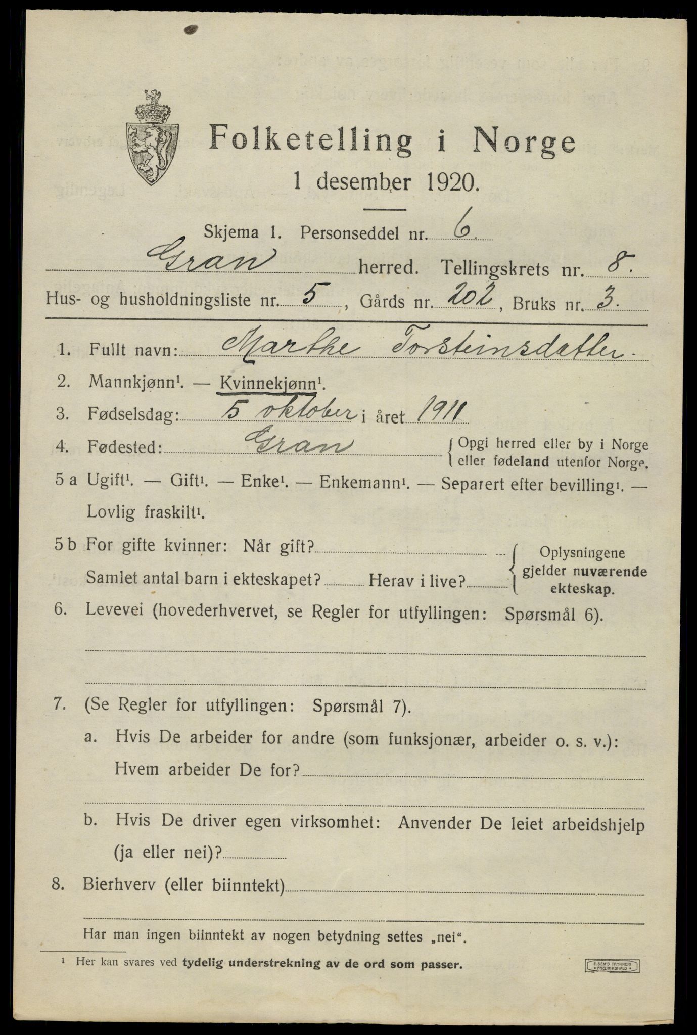 SAH, Folketelling 1920 for 0534 Gran herred, 1920, s. 10542