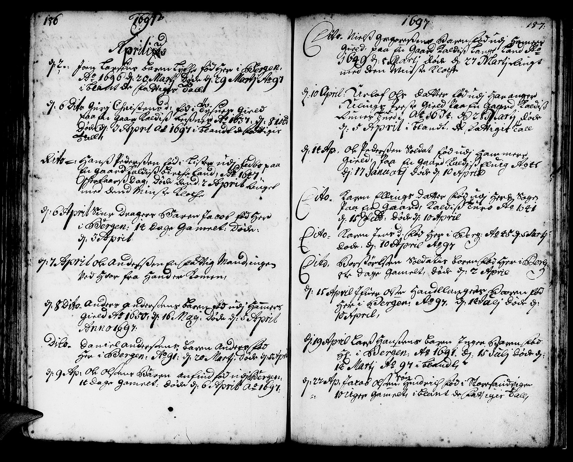 Korskirken sokneprestembete, AV/SAB-A-76101/H/Haa/L0010: Ministerialbok nr. A 10, 1688-1703, s. 186-187