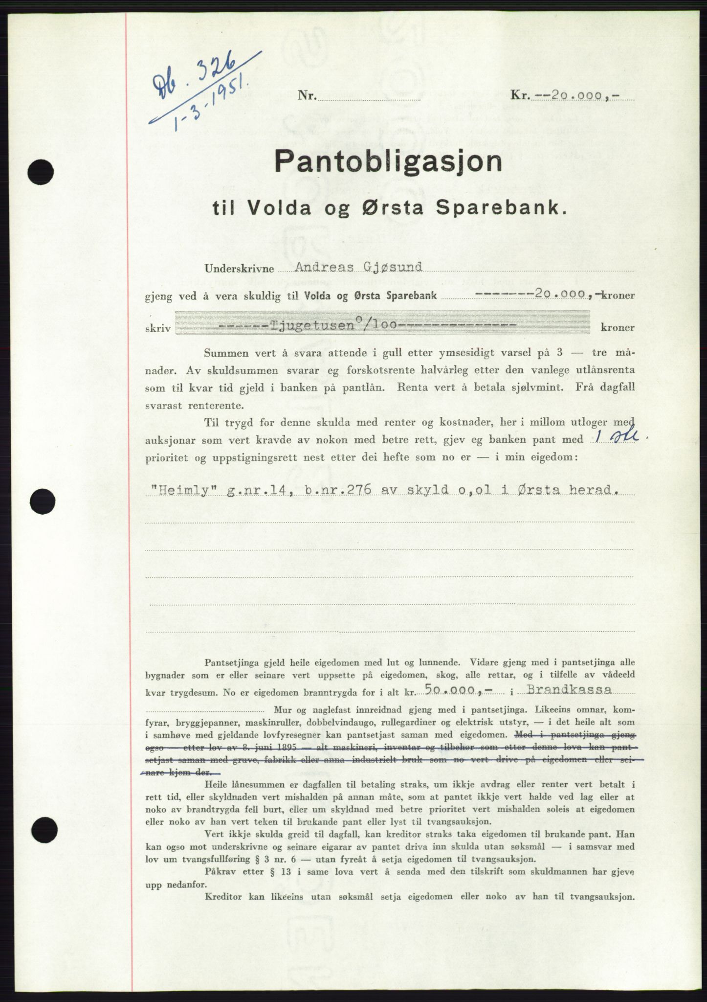 Søre Sunnmøre sorenskriveri, AV/SAT-A-4122/1/2/2C/L0119: Pantebok nr. 7B, 1950-1951, Dagboknr: 326/1951