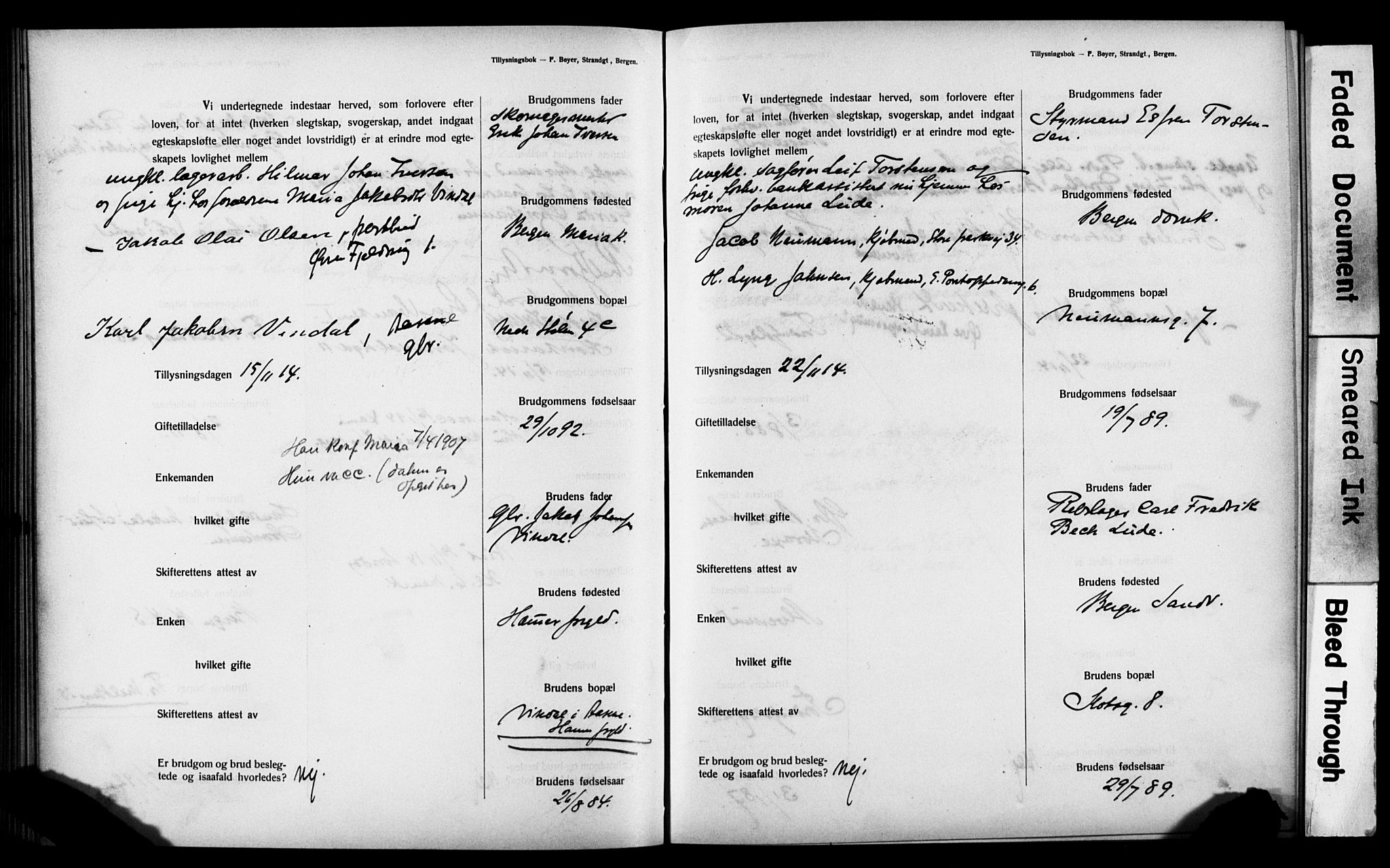 Mariakirken Sokneprestembete, AV/SAB-A-76901: Forlovererklæringer nr. II.5.3, 1909-1917, s. 128