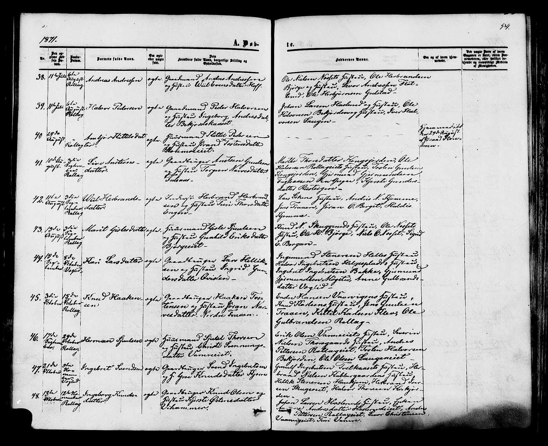 Rollag kirkebøker, AV/SAKO-A-240/F/Fa/L0009: Ministerialbok nr. I 9, 1860-1874, s. 54