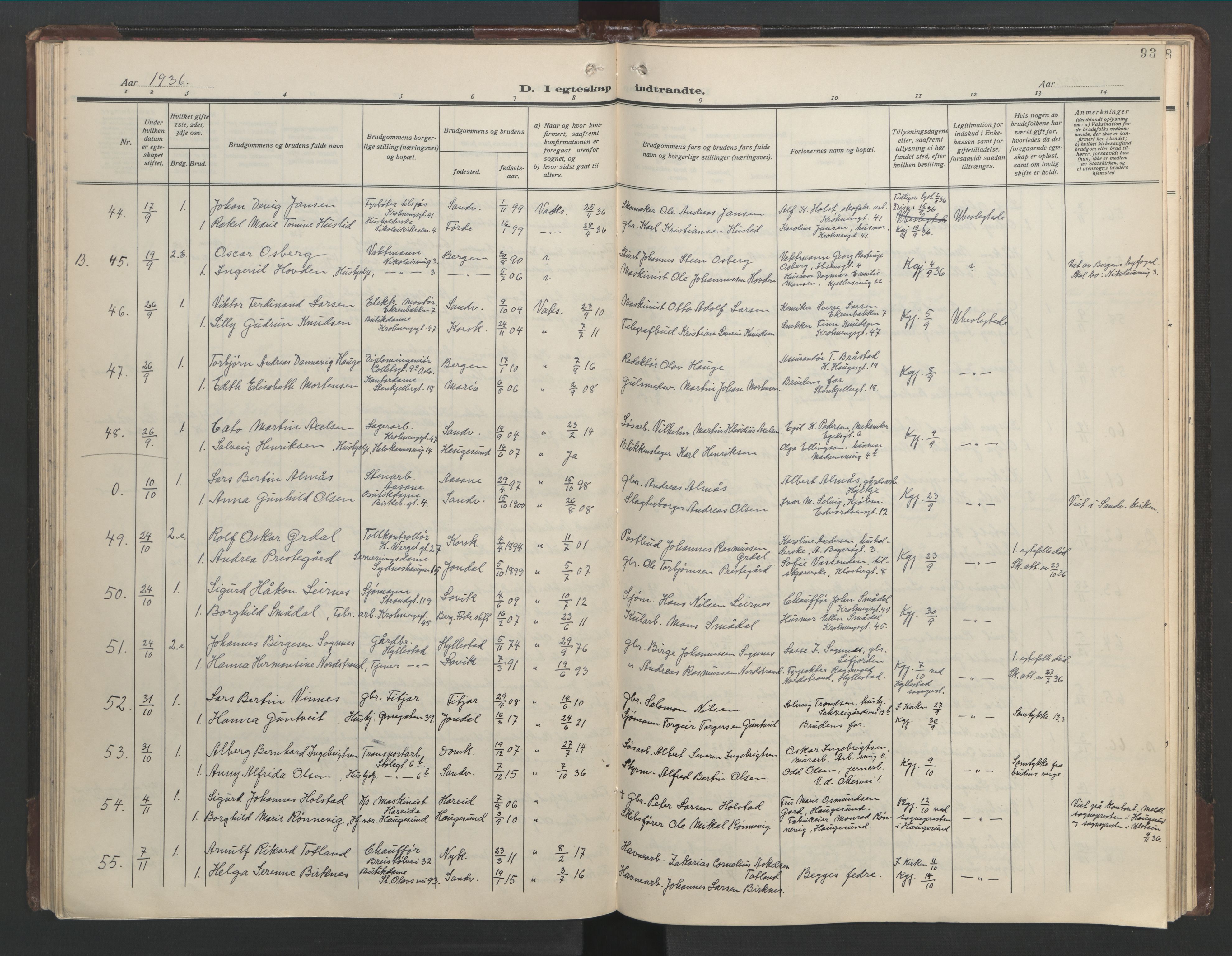 Mariakirken Sokneprestembete, AV/SAB-A-76901/H/Hab/L0011: Klokkerbok nr. A 11, 1938-1955, s. 92b-93a