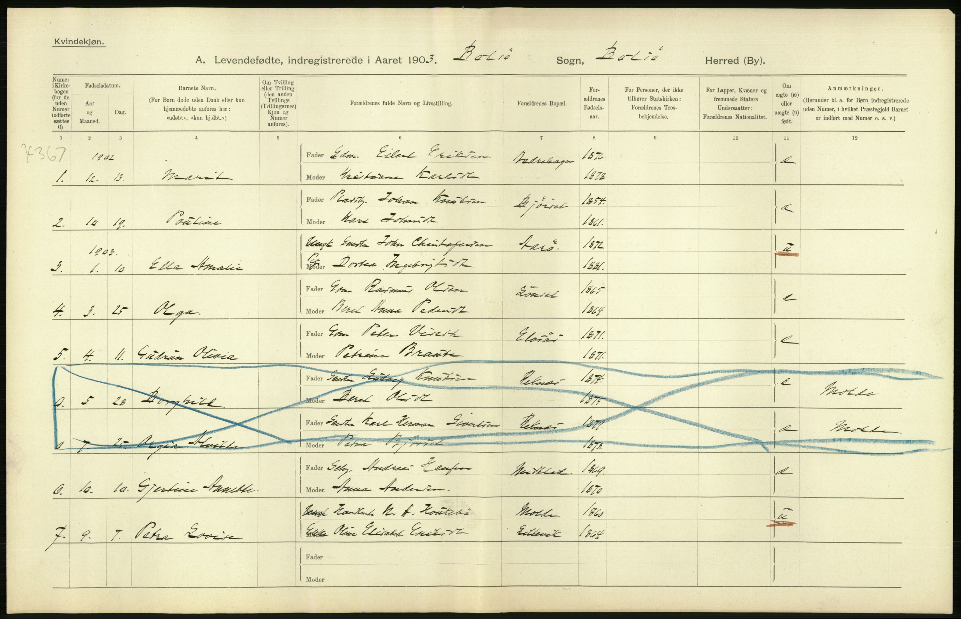 Statistisk sentralbyrå, Sosiodemografiske emner, Befolkning, AV/RA-S-2228/D/Df/Dfa/Dfaa/L0016: Romsdal amt: Fødte, gifte, døde., 1903, s. 84