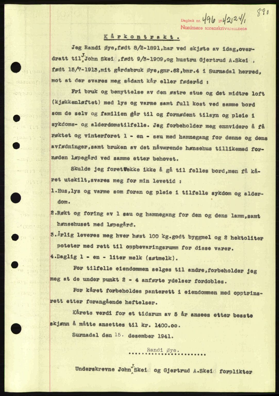 Nordmøre sorenskriveri, SAT/A-4132/1/2/2Ca: Pantebok nr. B88, 1941-1942, Dagboknr: 496/1942