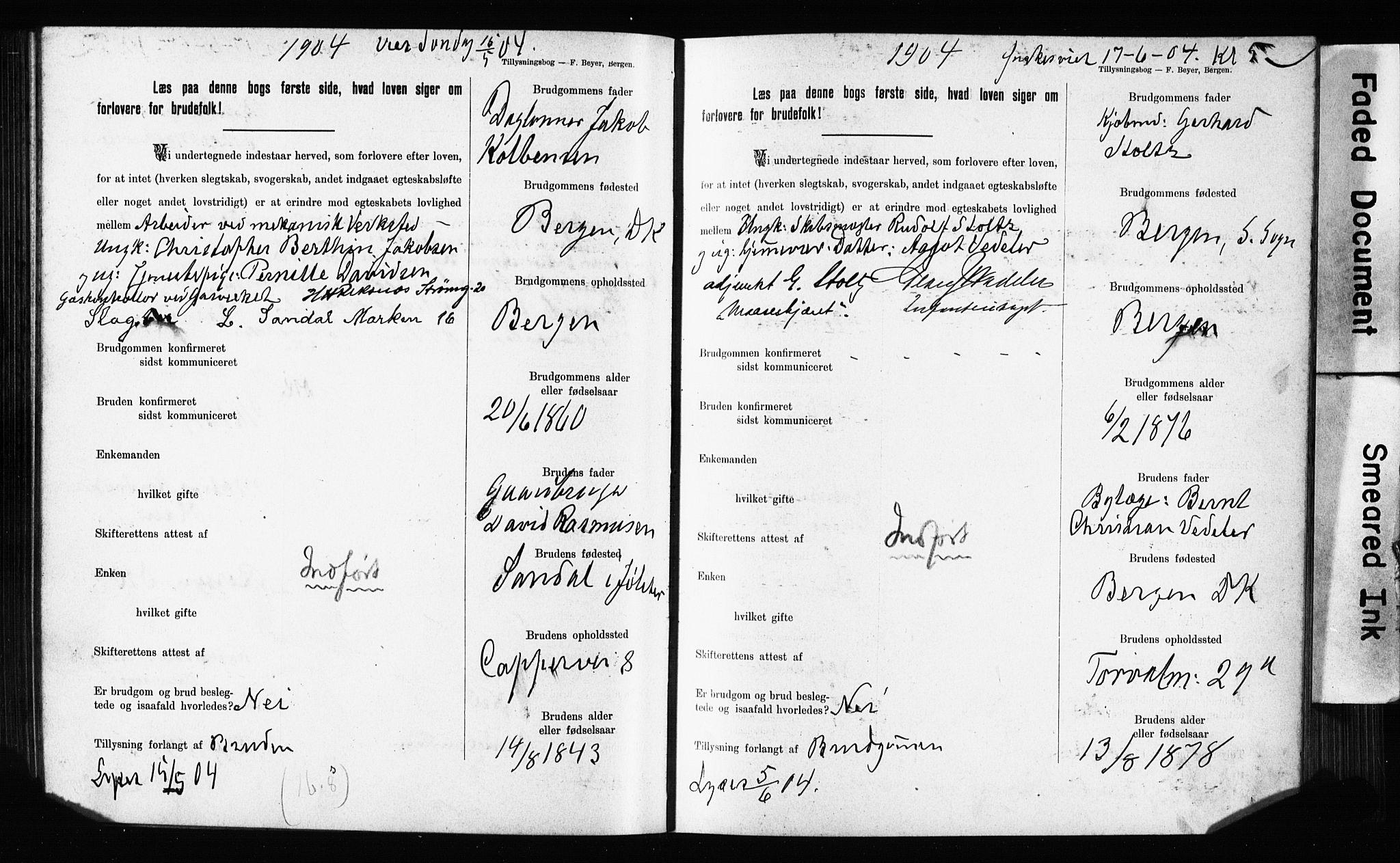 Domkirken sokneprestembete, SAB/A-74801: Forlovererklæringer nr. II.5.11, 1899-1910, s. 148