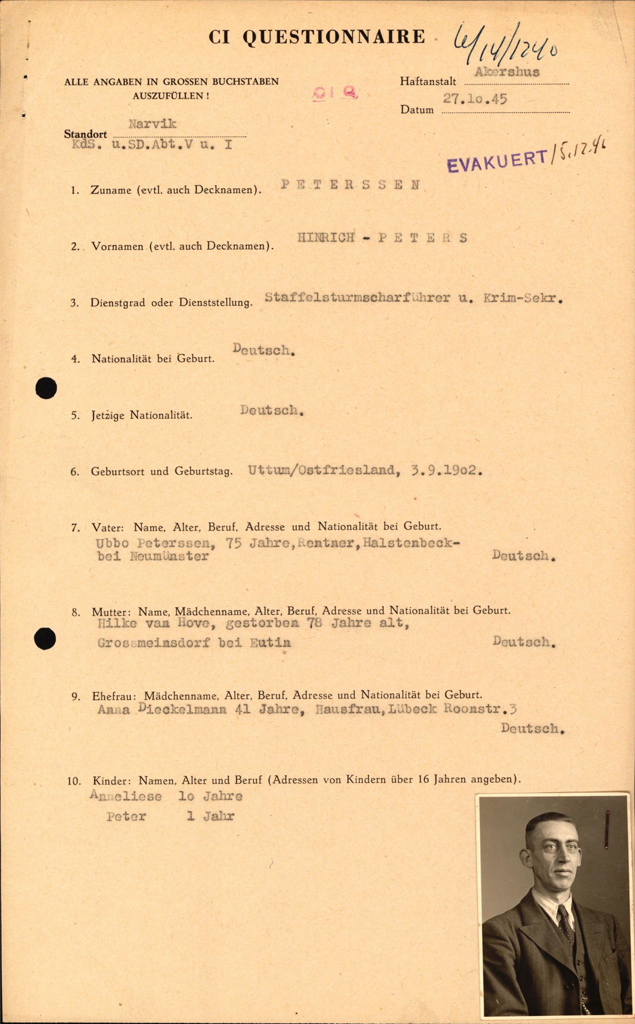 Forsvaret, Forsvarets overkommando II, AV/RA-RAFA-3915/D/Db/L0025: CI Questionaires. Tyske okkupasjonsstyrker i Norge. Tyskere., 1945-1946, s. 546