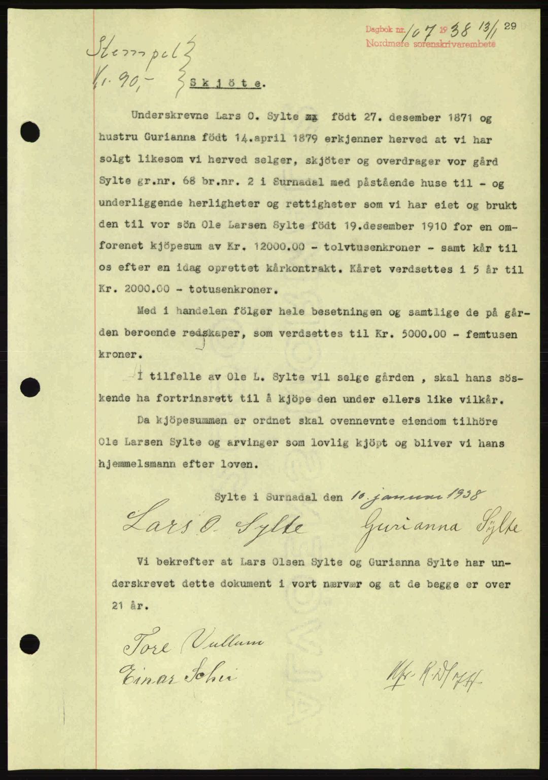 Nordmøre sorenskriveri, SAT/A-4132/1/2/2Ca: Pantebok nr. A83, 1938-1938, Dagboknr: 107/1938