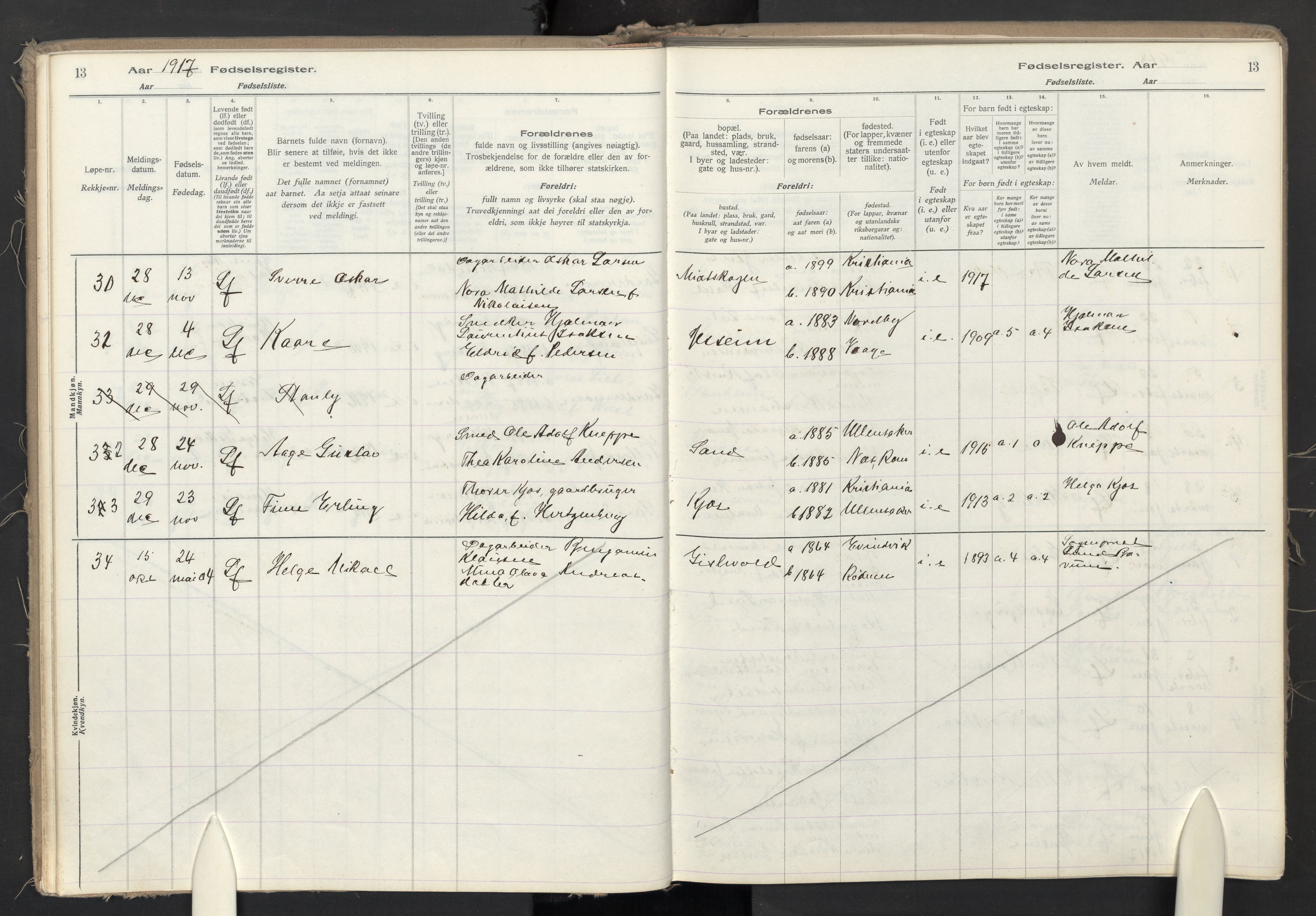 Ullensaker prestekontor Kirkebøker, AV/SAO-A-10236a/J/Jb/L0001: Fødselsregister nr. II 1, 1916-1946, s. 13