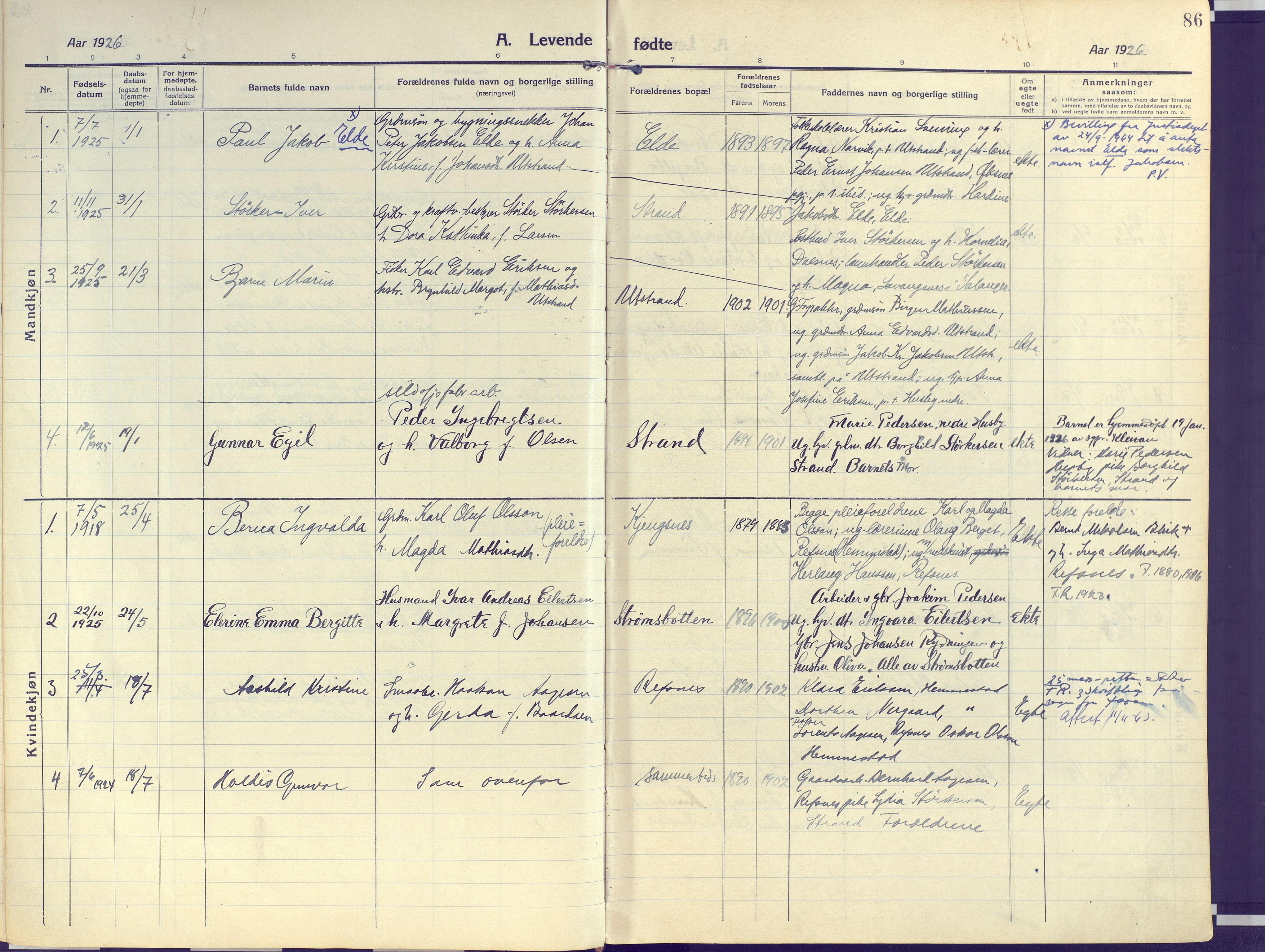 Kvæfjord sokneprestkontor, AV/SATØ-S-1323/G/Ga/Gaa/L0007kirke: Ministerialbok nr. 7, 1915-1931, s. 86