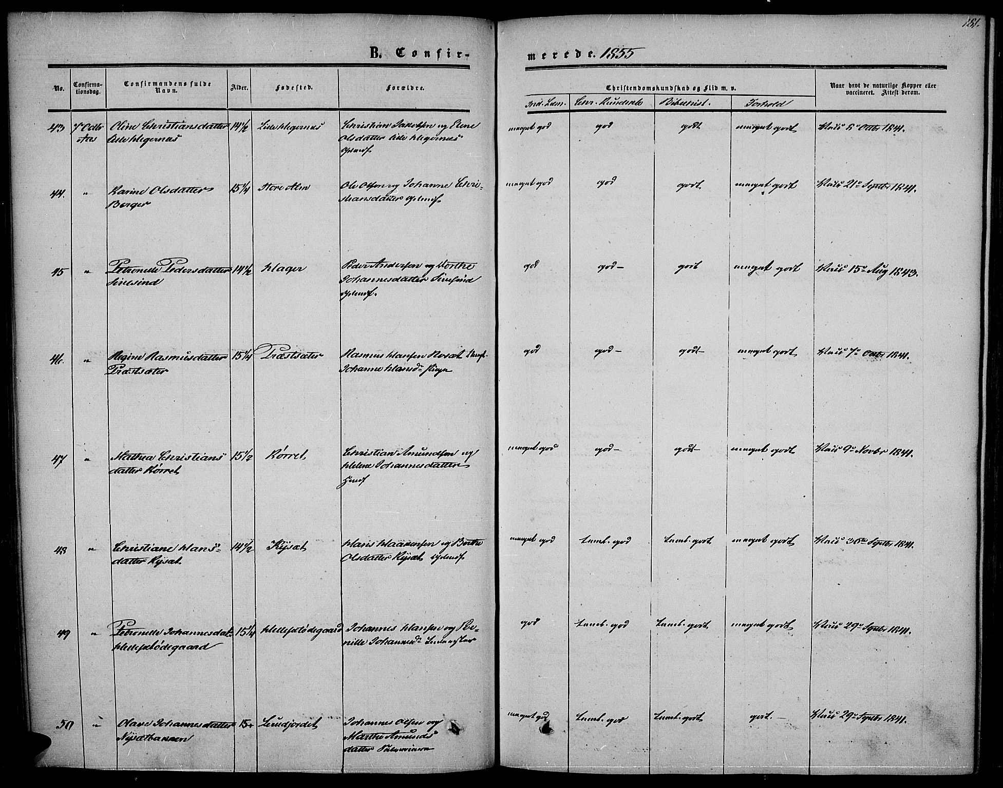 Vestre Toten prestekontor, AV/SAH-PREST-108/H/Ha/Haa/L0005: Ministerialbok nr. 5, 1850-1855, s. 181