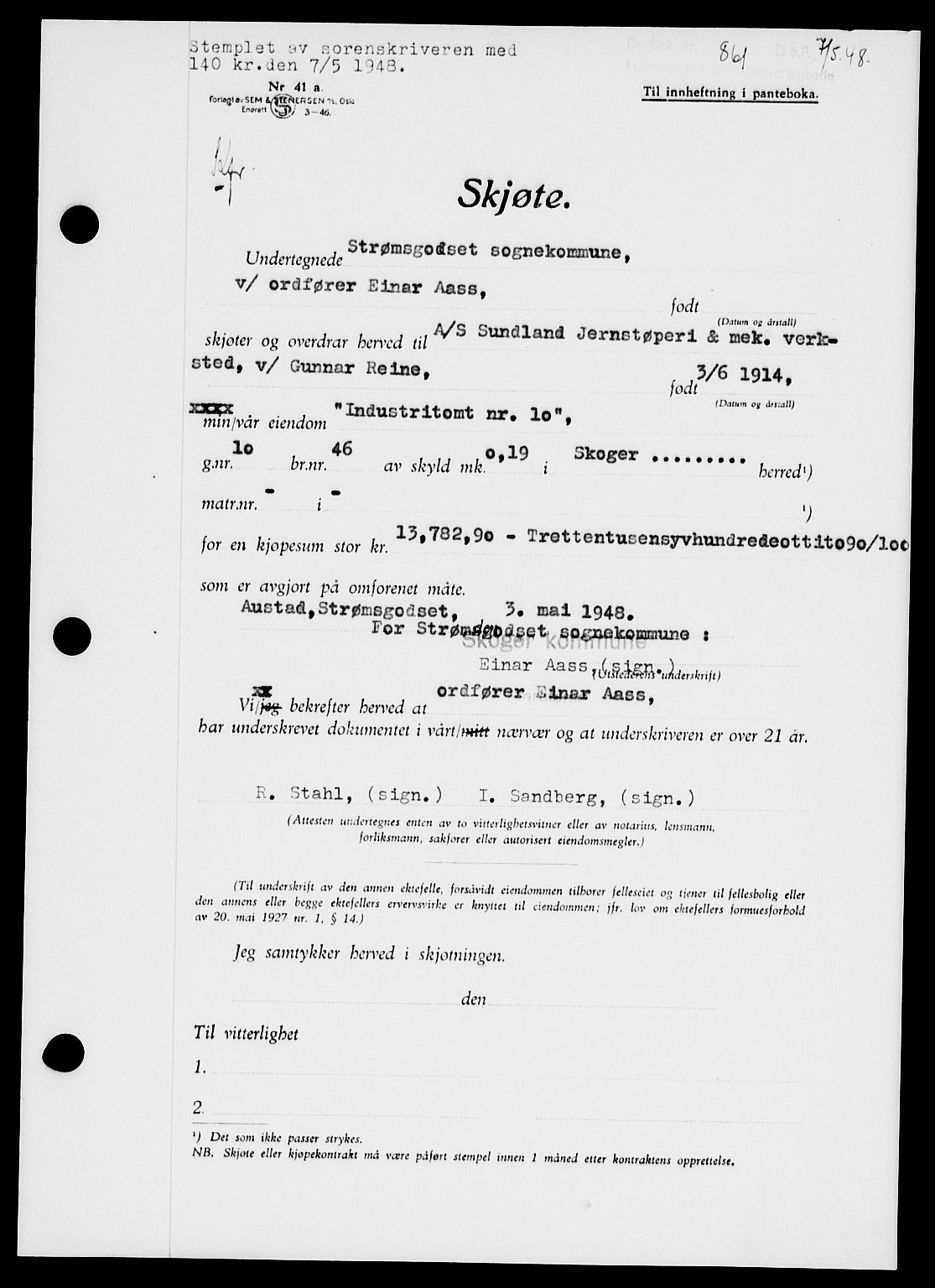 Holmestrand sorenskriveri, SAKO/A-67/G/Ga/Gaa/L0064: Pantebok nr. A-64, 1948-1948, Dagboknr: 861/1948