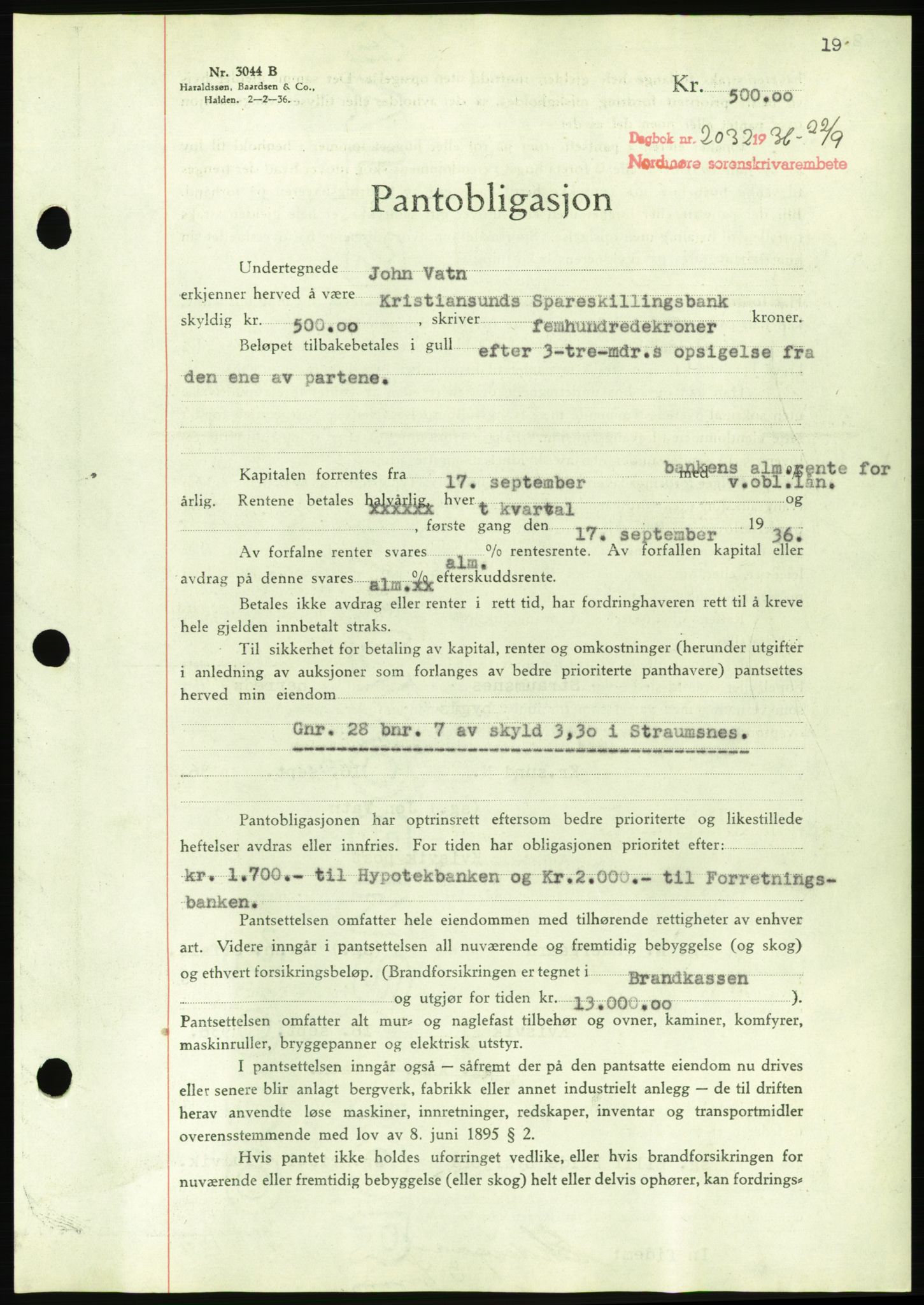 Nordmøre sorenskriveri, AV/SAT-A-4132/1/2/2Ca/L0090: Pantebok nr. B80, 1936-1937, Dagboknr: 2032/1936