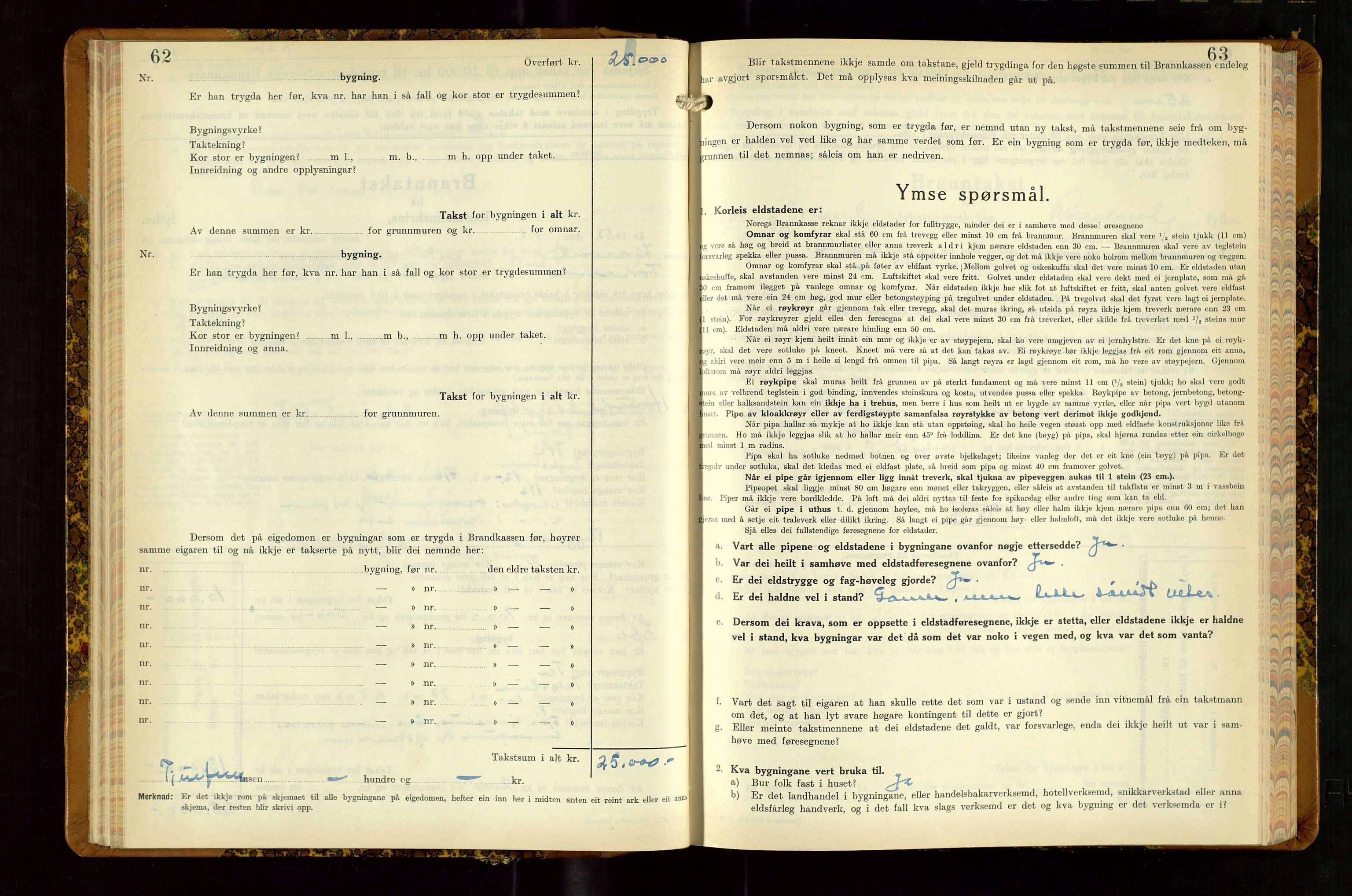 Høle og Forsand lensmannskontor, AV/SAST-A-100127/Gob/L0002: "Branntakstbok" - skjematakst, 1941-1955, s. 62-63