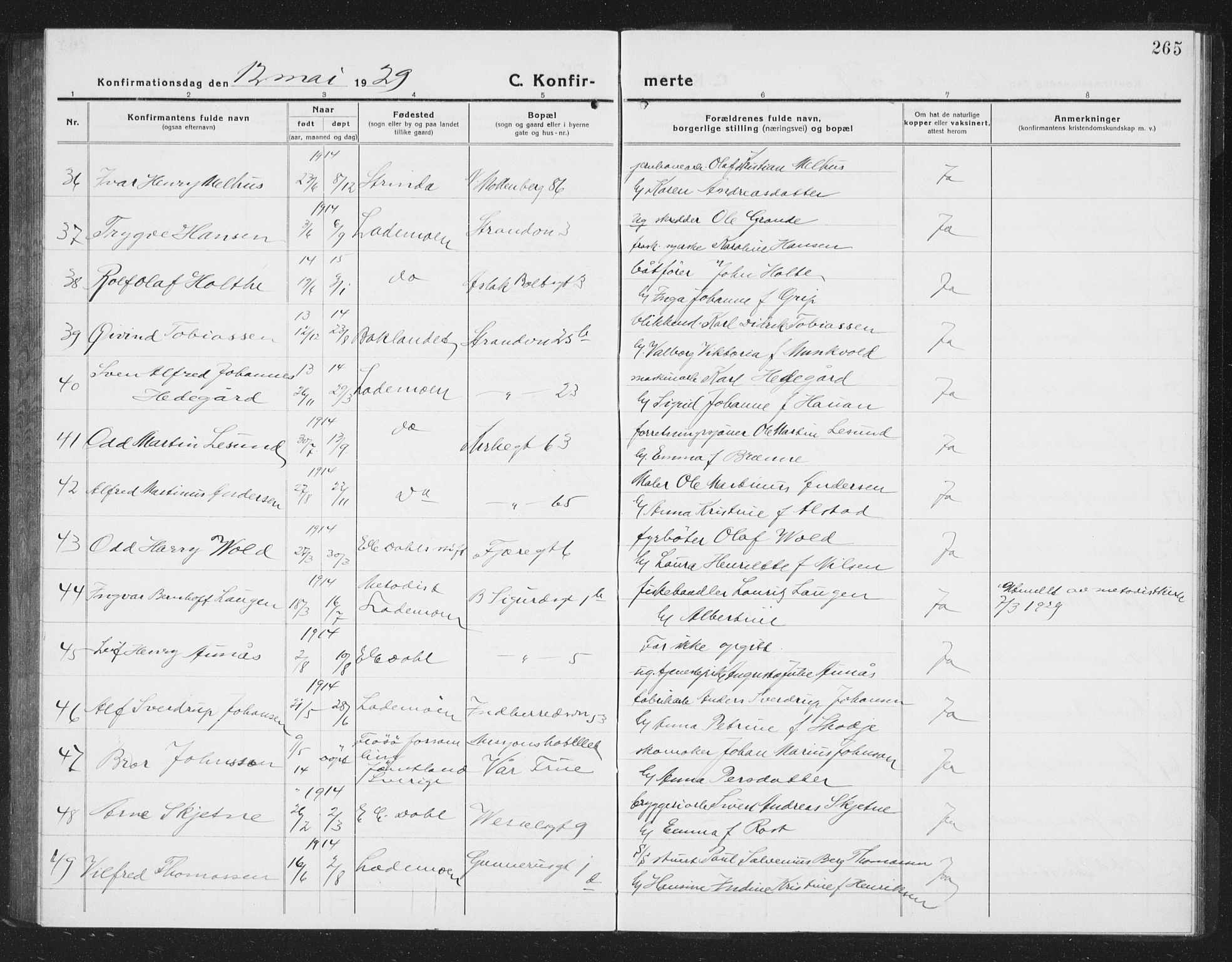 Ministerialprotokoller, klokkerbøker og fødselsregistre - Sør-Trøndelag, SAT/A-1456/605/L0258: Klokkerbok nr. 605C05, 1918-1930, s. 265