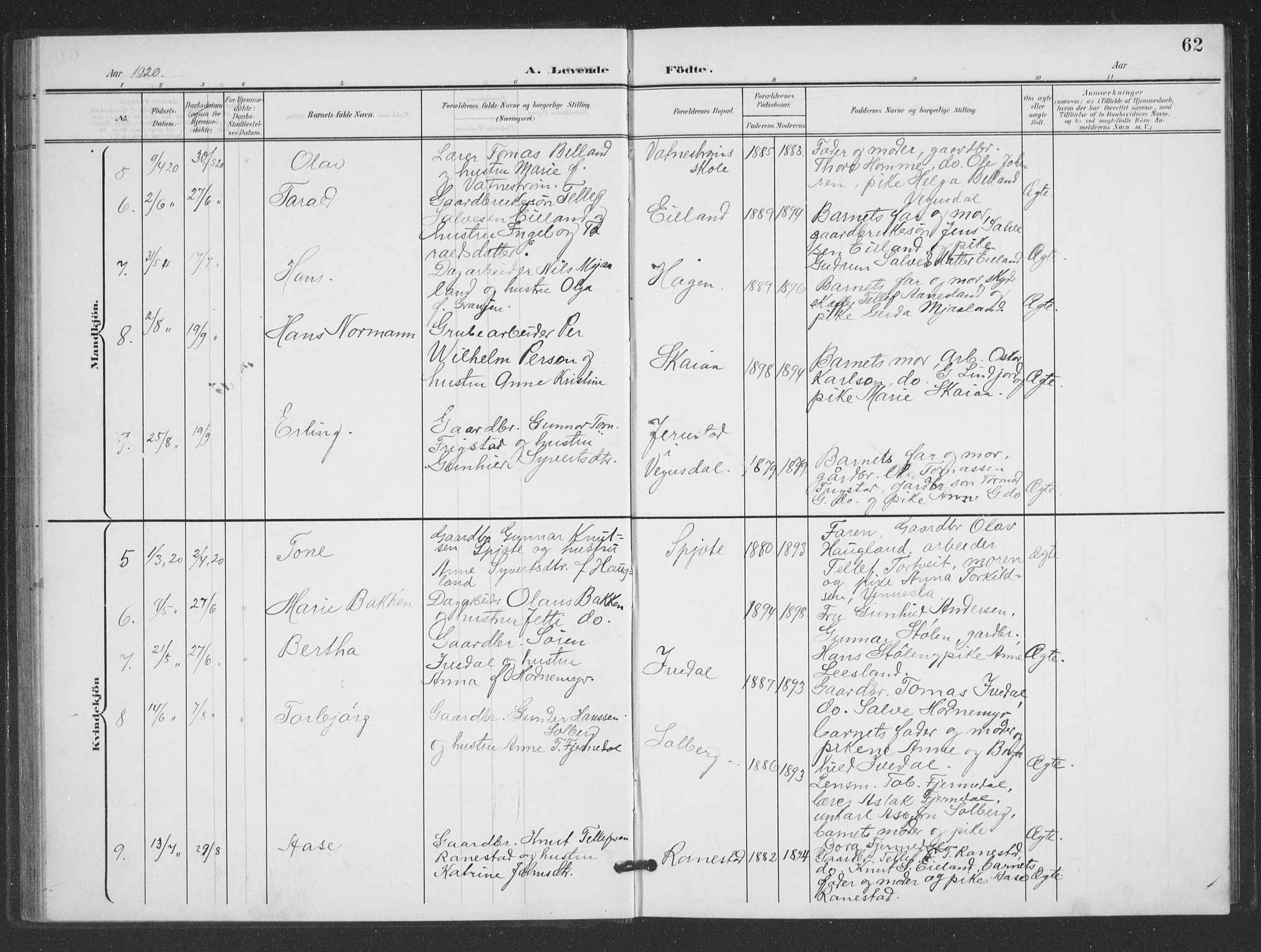 Evje sokneprestkontor, AV/SAK-1111-0008/F/Fb/Fbc/L0005: Klokkerbok nr. B 5, 1901-1935, s. 62