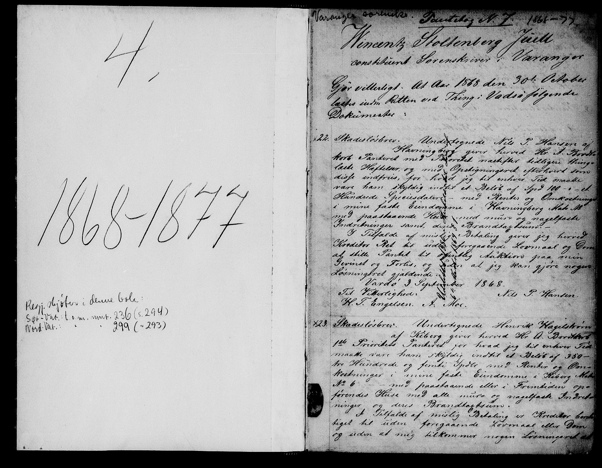 Varanger fogderi-sorenskriveri/Tana og Varanger sorenskriveri, AV/SATØ-S-0059: Pantebok nr. 7, 1868-1877, s. 1