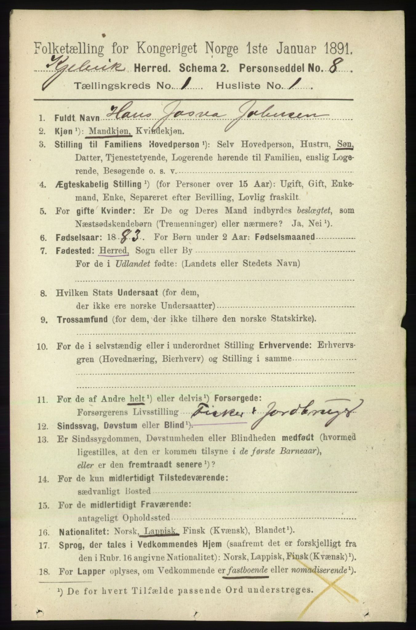 RA, Folketelling 1891 for 2019 Kjelvik herred, 1891, s. 42