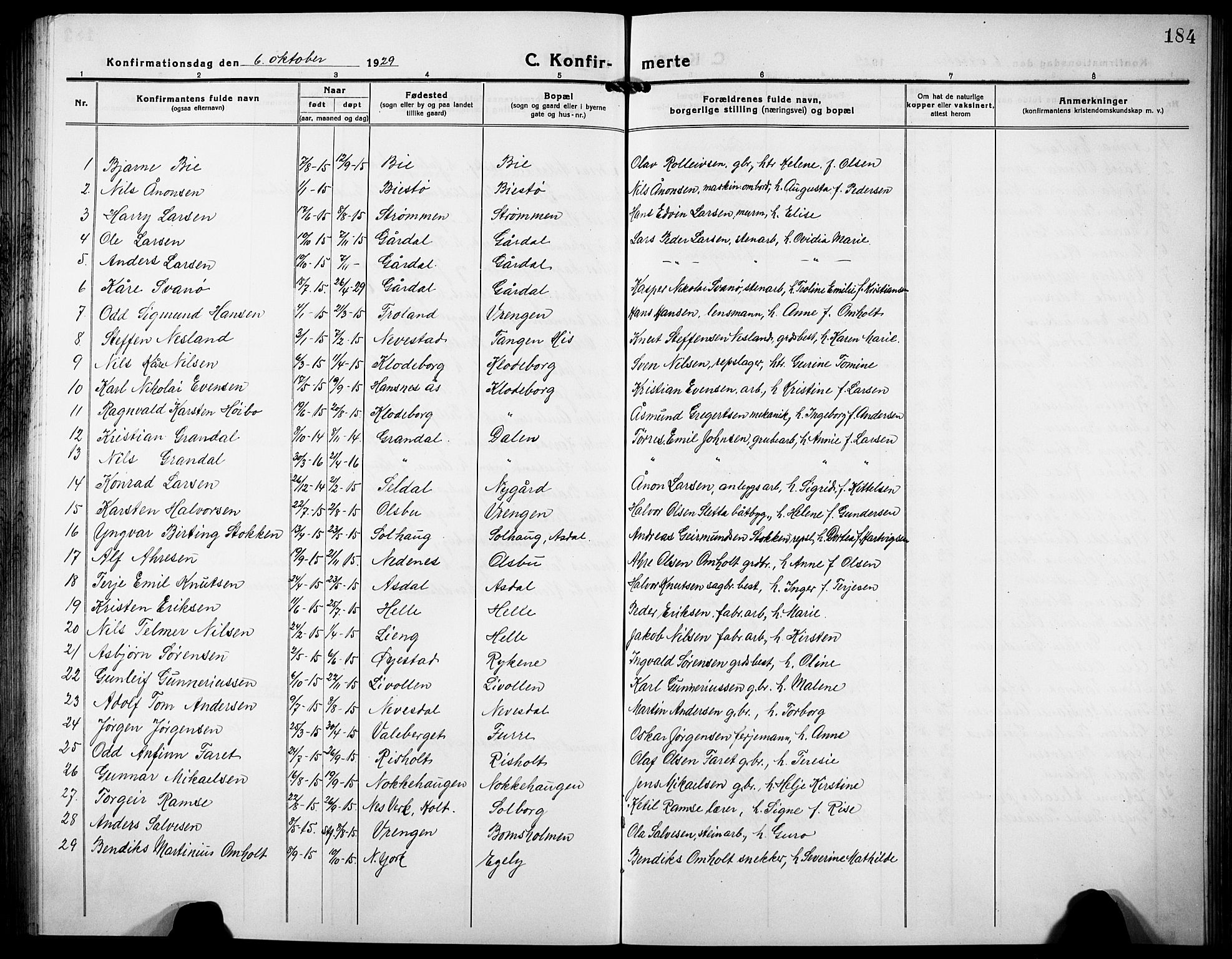 Øyestad sokneprestkontor, AV/SAK-1111-0049/F/Fb/L0012: Klokkerbok nr. B 12, 1919-1932, s. 184