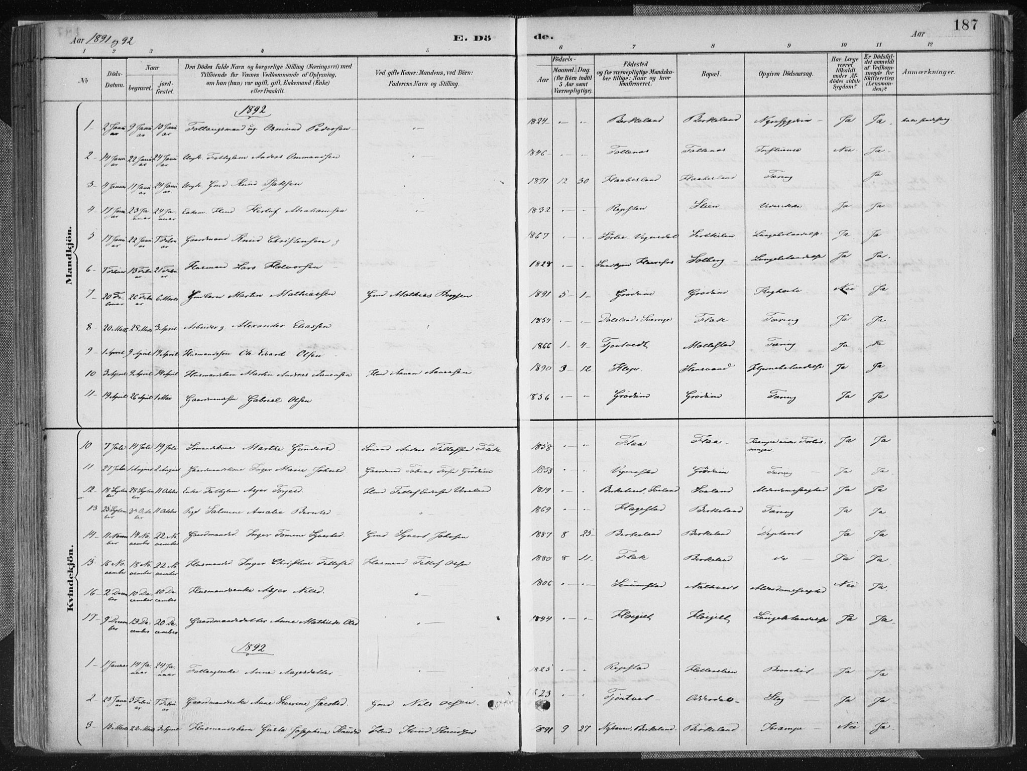 Birkenes sokneprestkontor, SAK/1111-0004/F/Fa/L0005: Ministerialbok nr. A 5, 1887-1907, s. 187