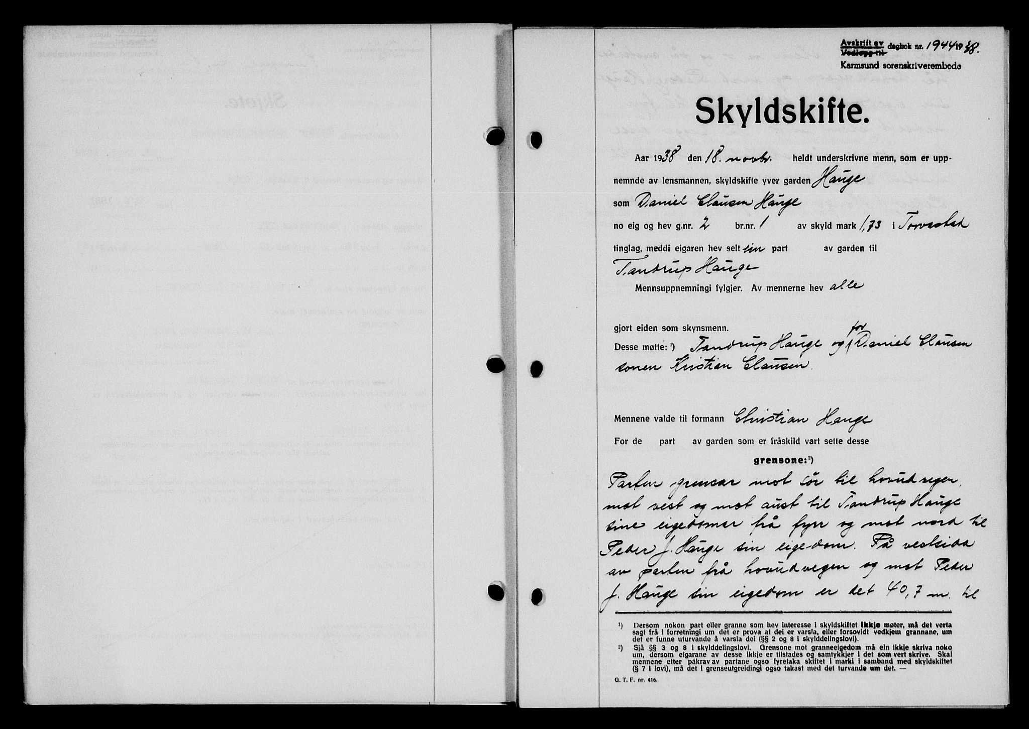Karmsund sorenskriveri, SAST/A-100311/01/II/IIB/L0070: Pantebok nr. 51A, 1938-1939, Dagboknr: 1944/1938