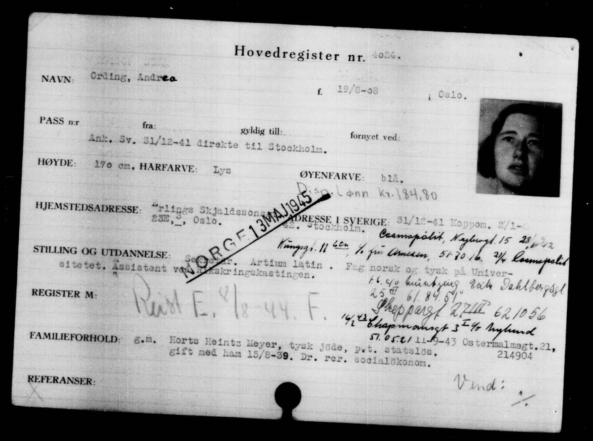 Utenriksstasjonene, Legasjonen i Stockholm, Flyktningkontoret, AV/RA-S-6753/V/Va/L0004: Kjesäterkartoteket, flyktning nr. 3496-6610, 1940-1945, s. 615