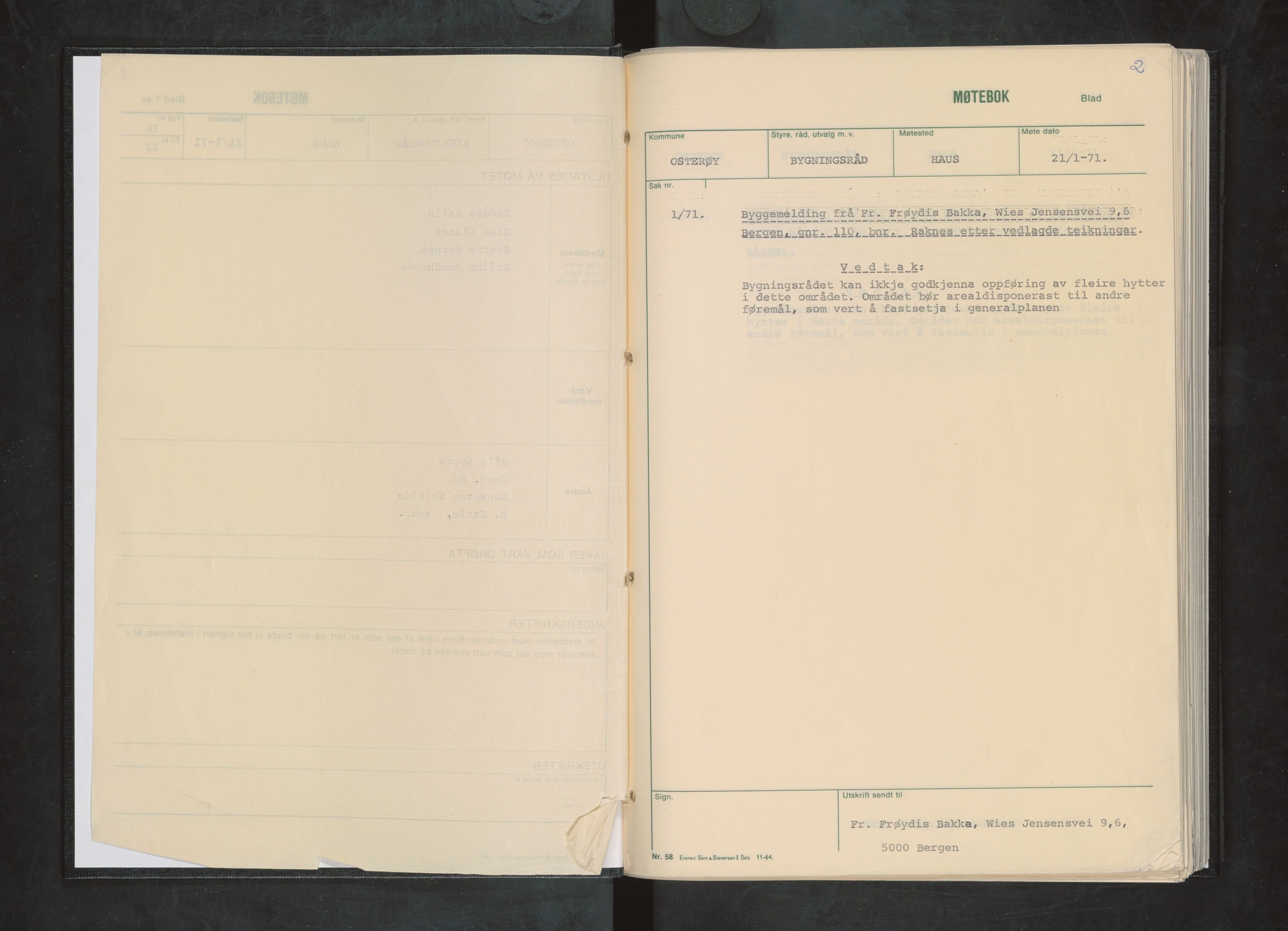 Osterøy kommune. Bygningsrådet, IKAH/1253b-511/A/Aa/L0006: Møtebok Osterøy bygningsråd, 1971