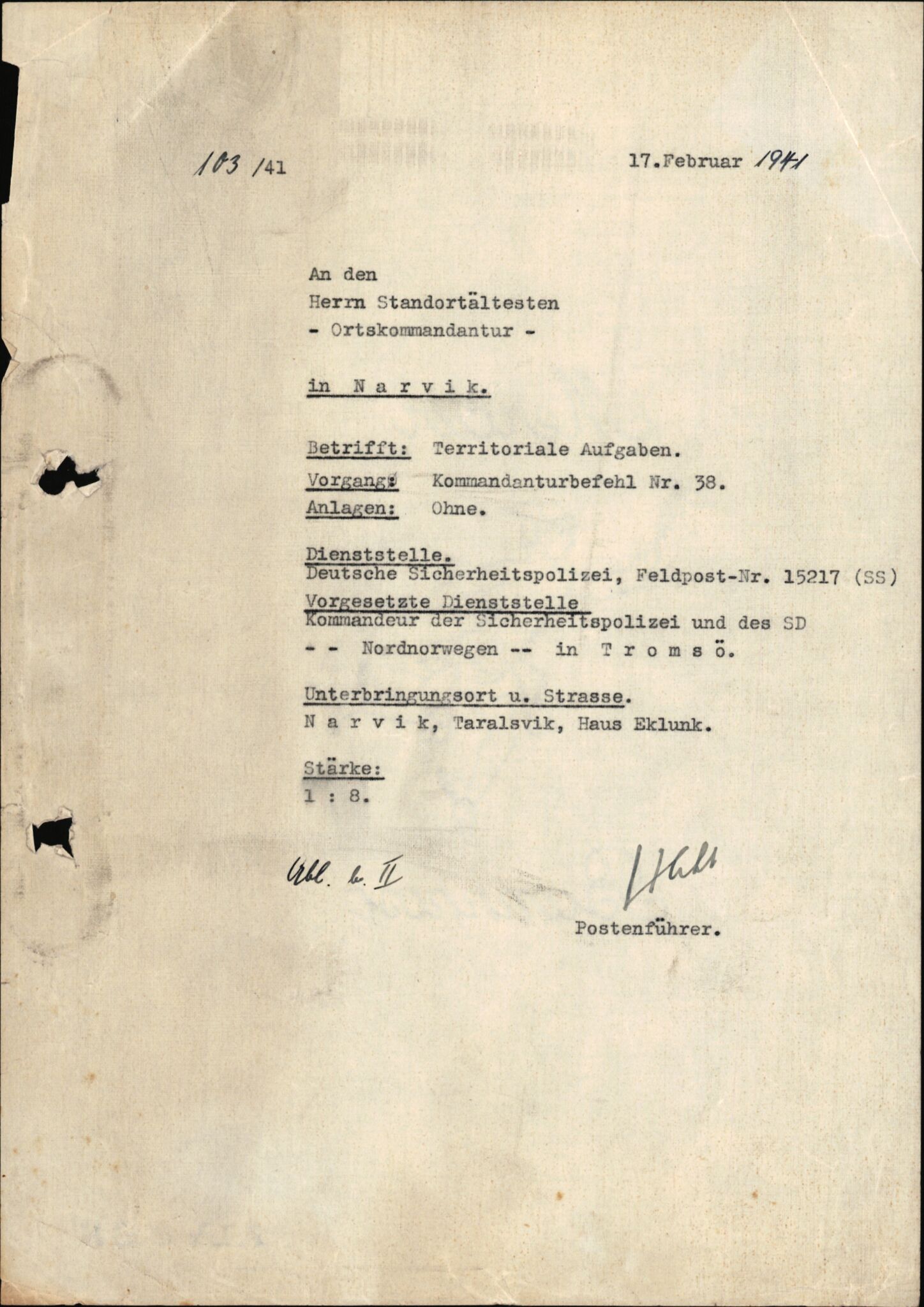 Forsvarets Overkommando. 2 kontor. Arkiv 11.4. Spredte tyske arkivsaker, AV/RA-RAFA-7031/D/Dar/Darc/L0004: Sicherheitspolizei (Sipo) i Narvik, 1940-1943, s. 585