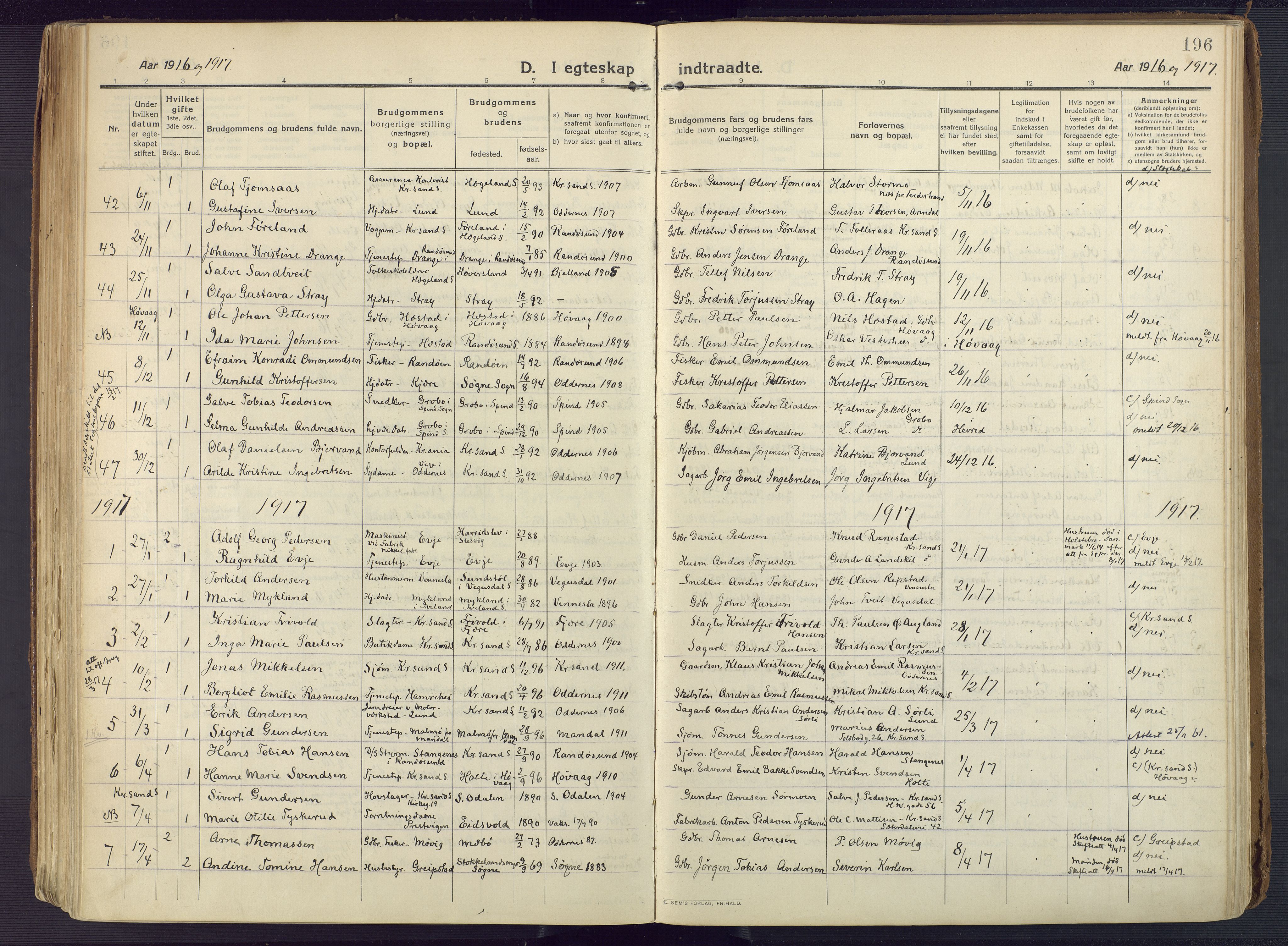 Oddernes sokneprestkontor, SAK/1111-0033/F/Fa/Faa/L0012: Ministerialbok nr. A 12, 1912-1925, s. 196