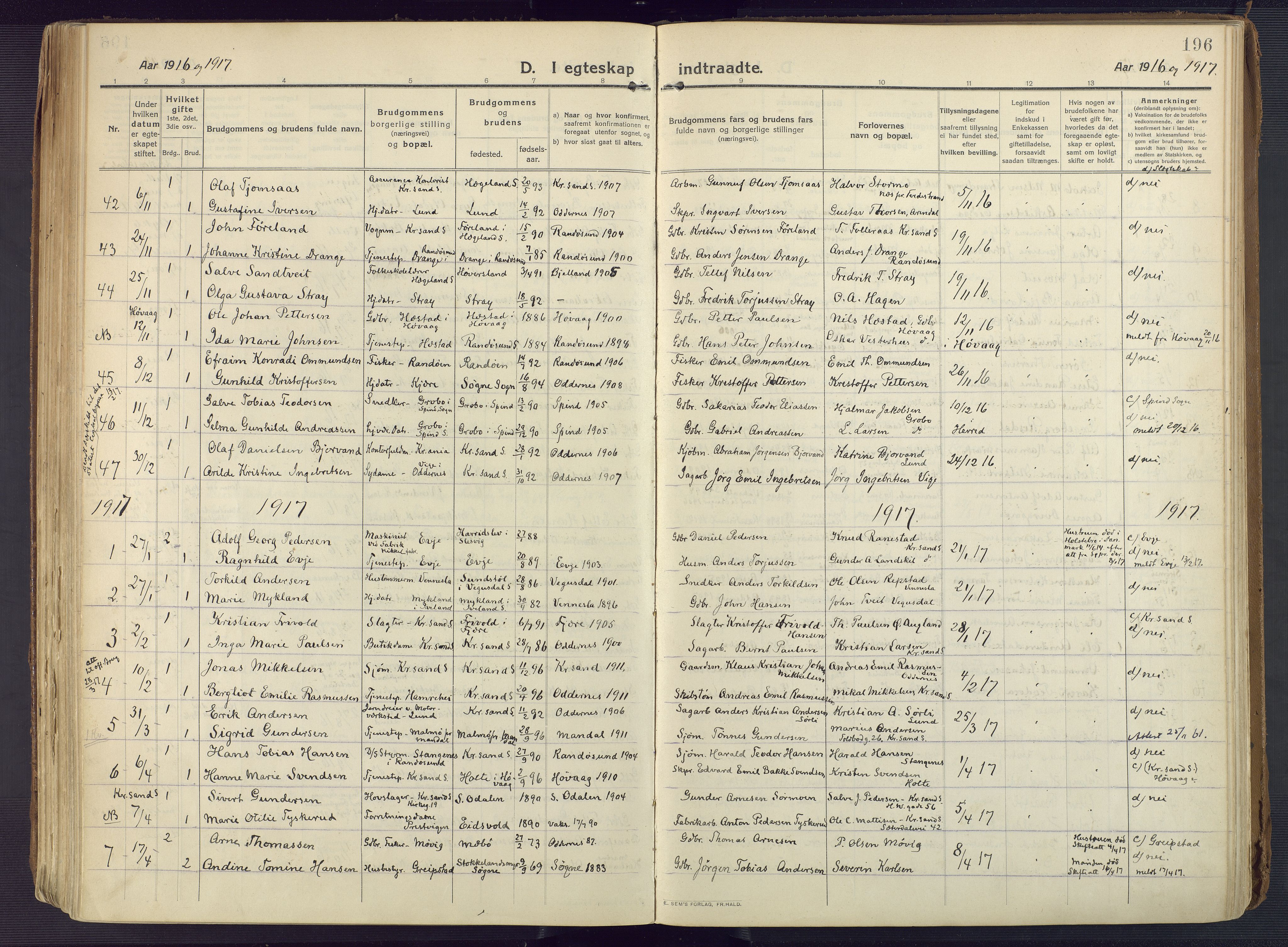 Oddernes sokneprestkontor, AV/SAK-1111-0033/F/Fa/Faa/L0012: Ministerialbok nr. A 12, 1912-1925, s. 196